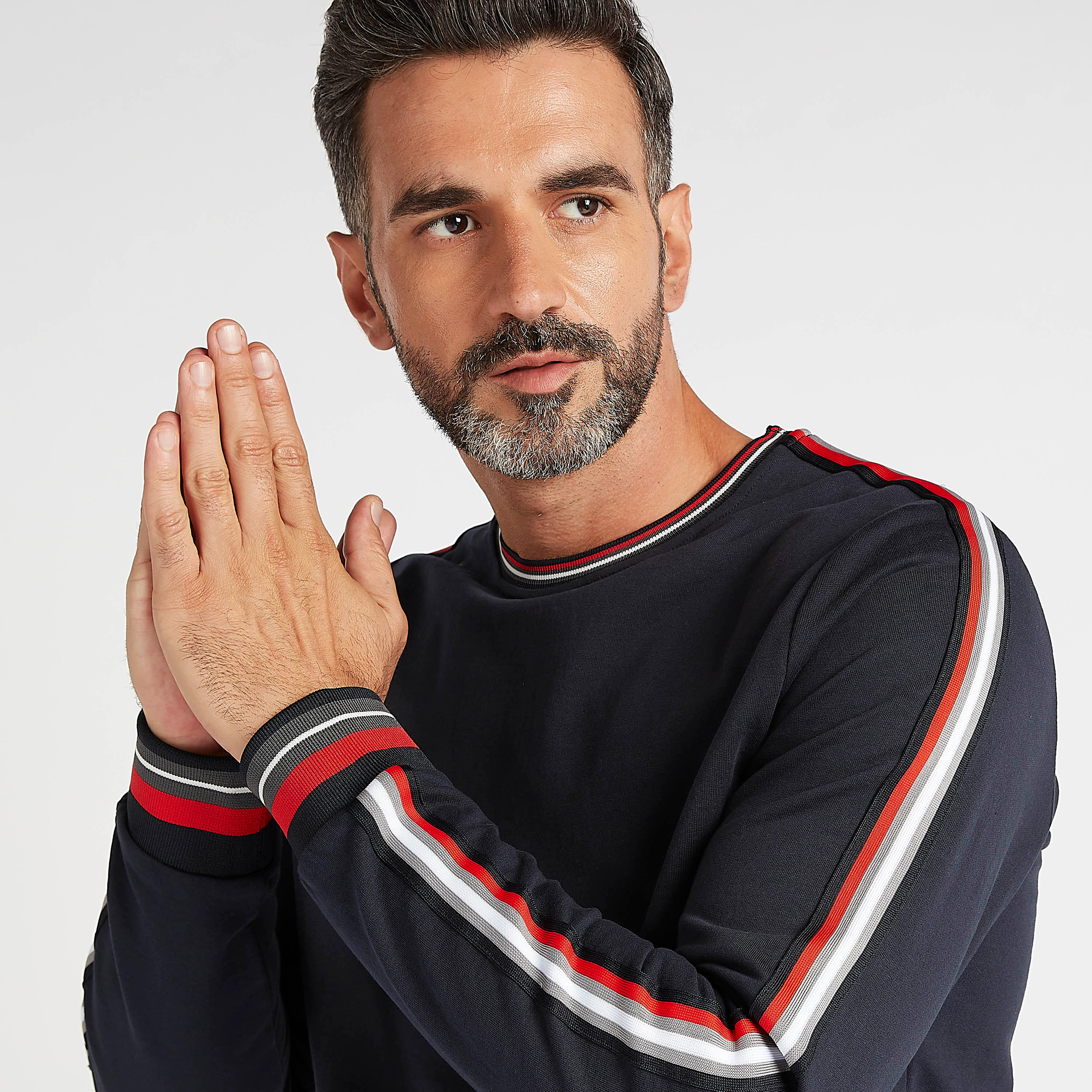 Solid Sweatshirt with Stripe Detail and Crew Neck-men-winterwear-hoodiesandsweatshirts-image-3