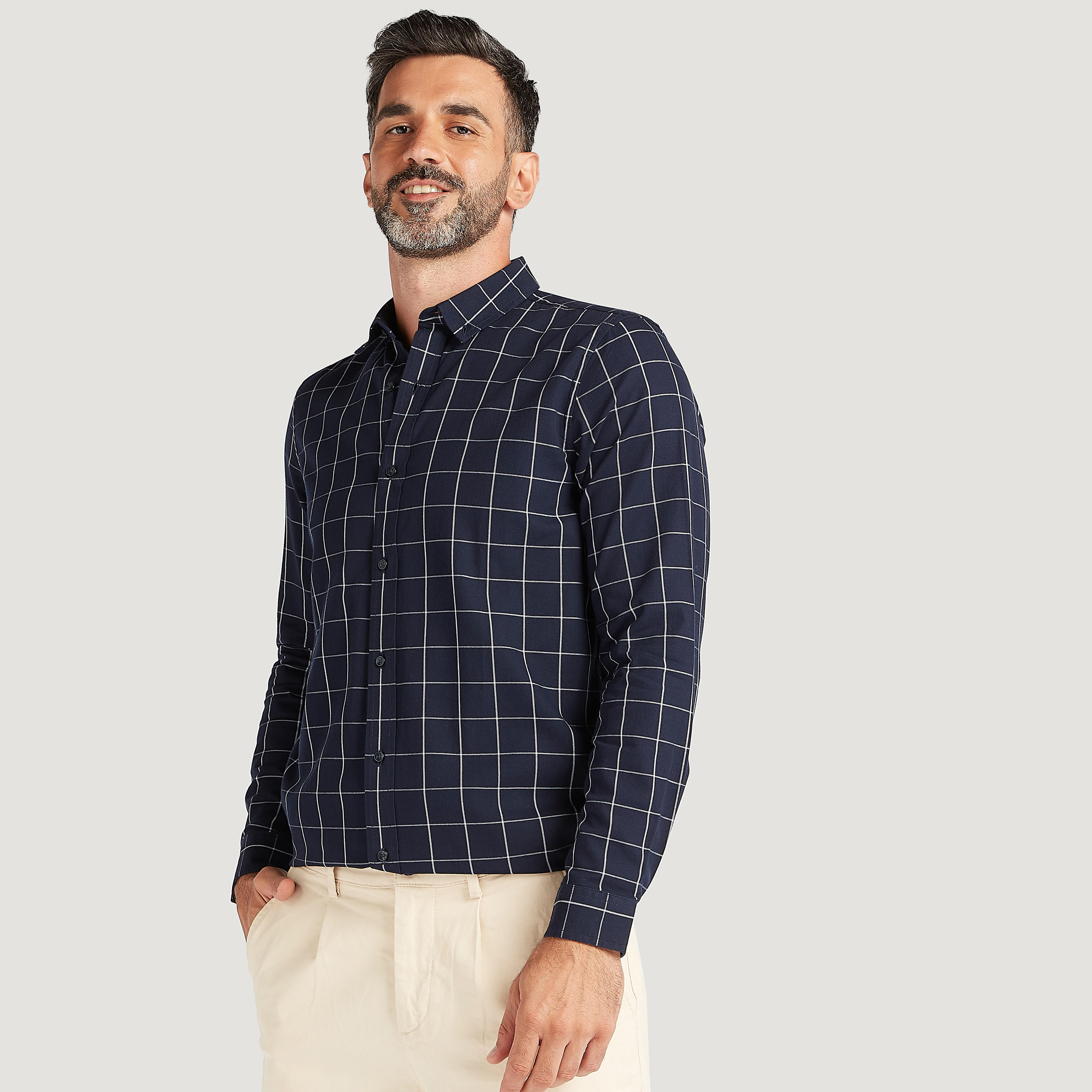 Slim Fit Checked Button Down Shirt with Long Sleeves-men-clothing-shirts-image-1