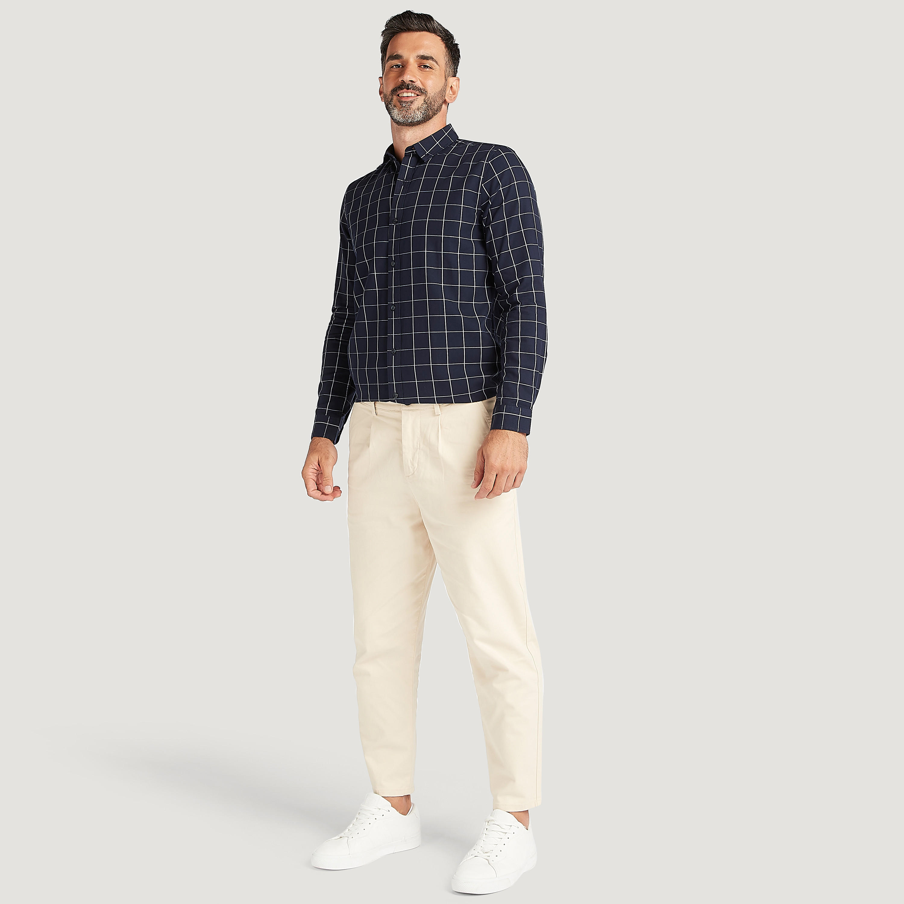 Slim Fit Checked Button Down Shirt with Long Sleeves-men-clothing-shirts-image-2