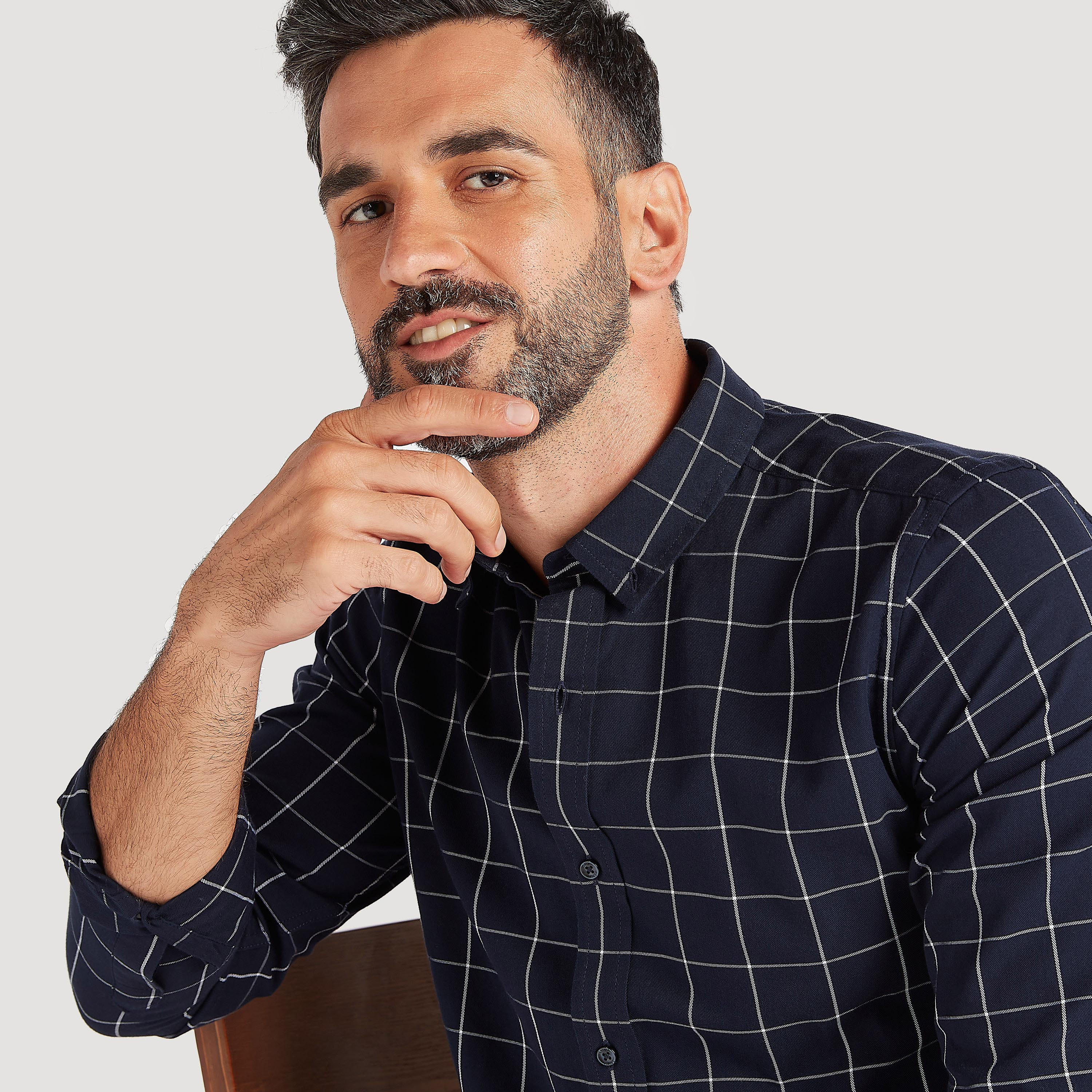 Slim Fit Checked Button Down Shirt with Long Sleeves-men-clothing-shirts-image-5