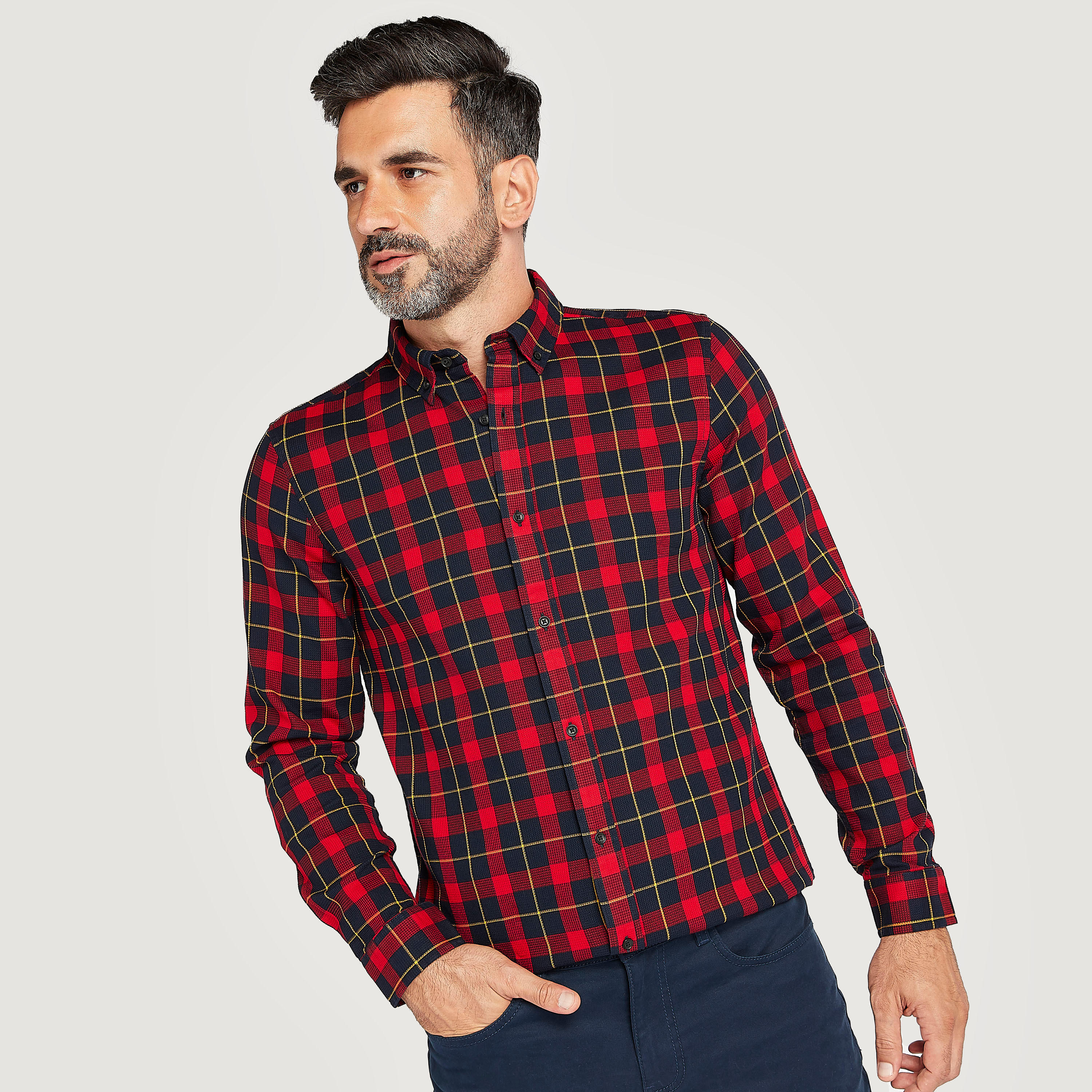 Slim Fit Checked Button Down Shirt with Long Sleeves-men-clothing-shirts-image-1
