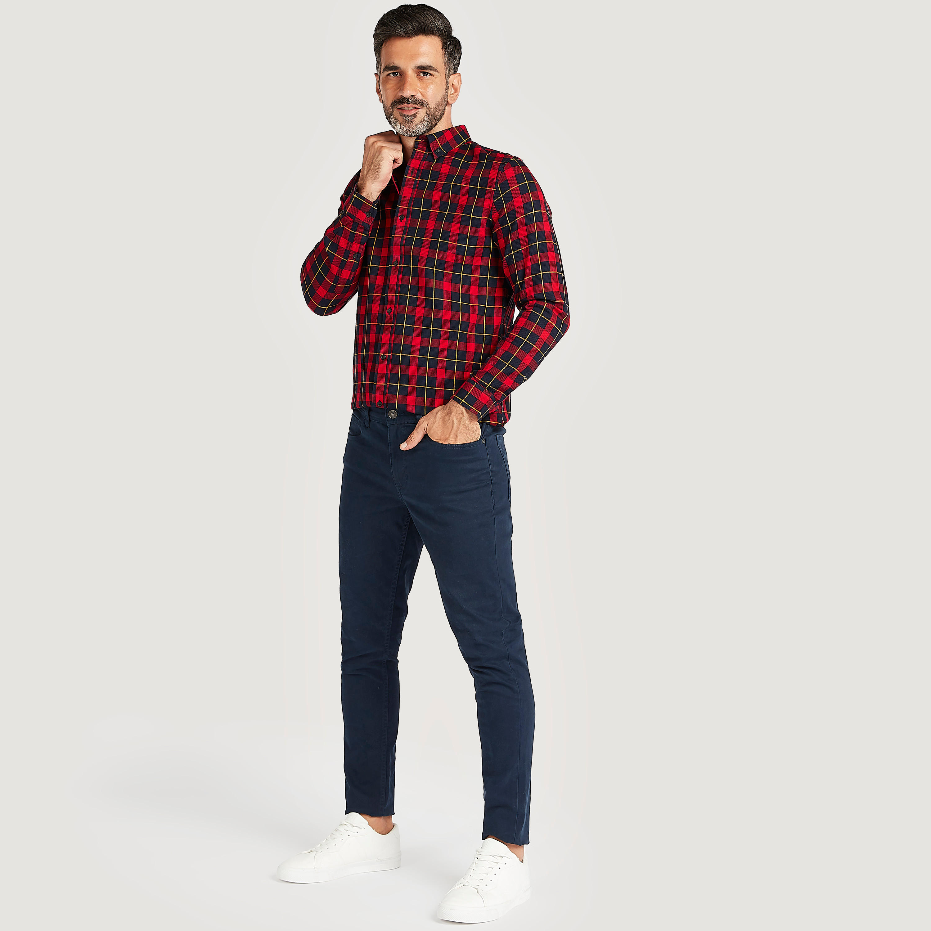 Slim Fit Checked Button Down Shirt with Long Sleeves-men-clothing-shirts-image-2