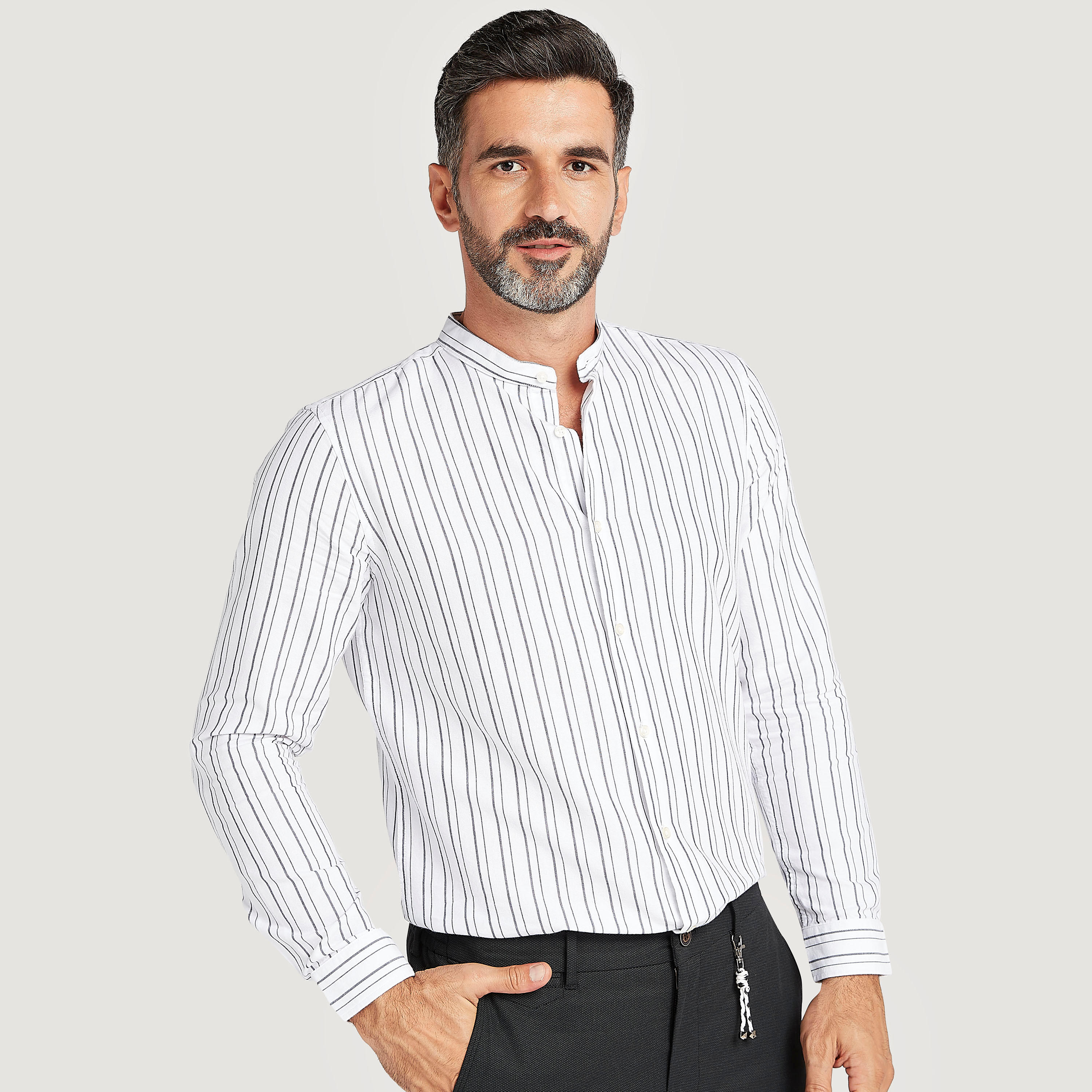 قميص مخطّط بأكمام طويلة وياقة ماندارين-men-clothing-shirts-image-1