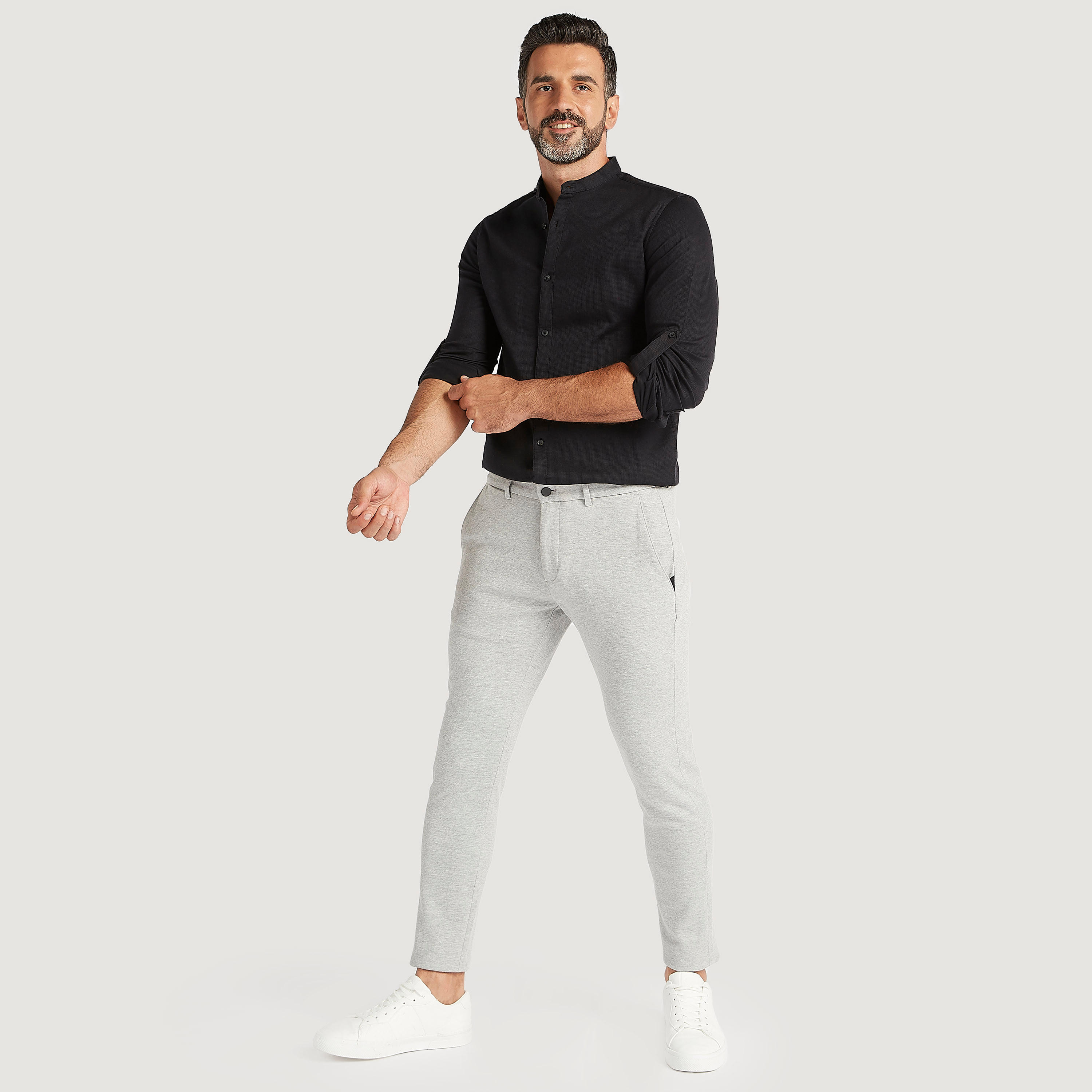 قميص بارز الملمس بياقة ماندارين وأكمام طويلة-men-clothing-shirts-image-2
