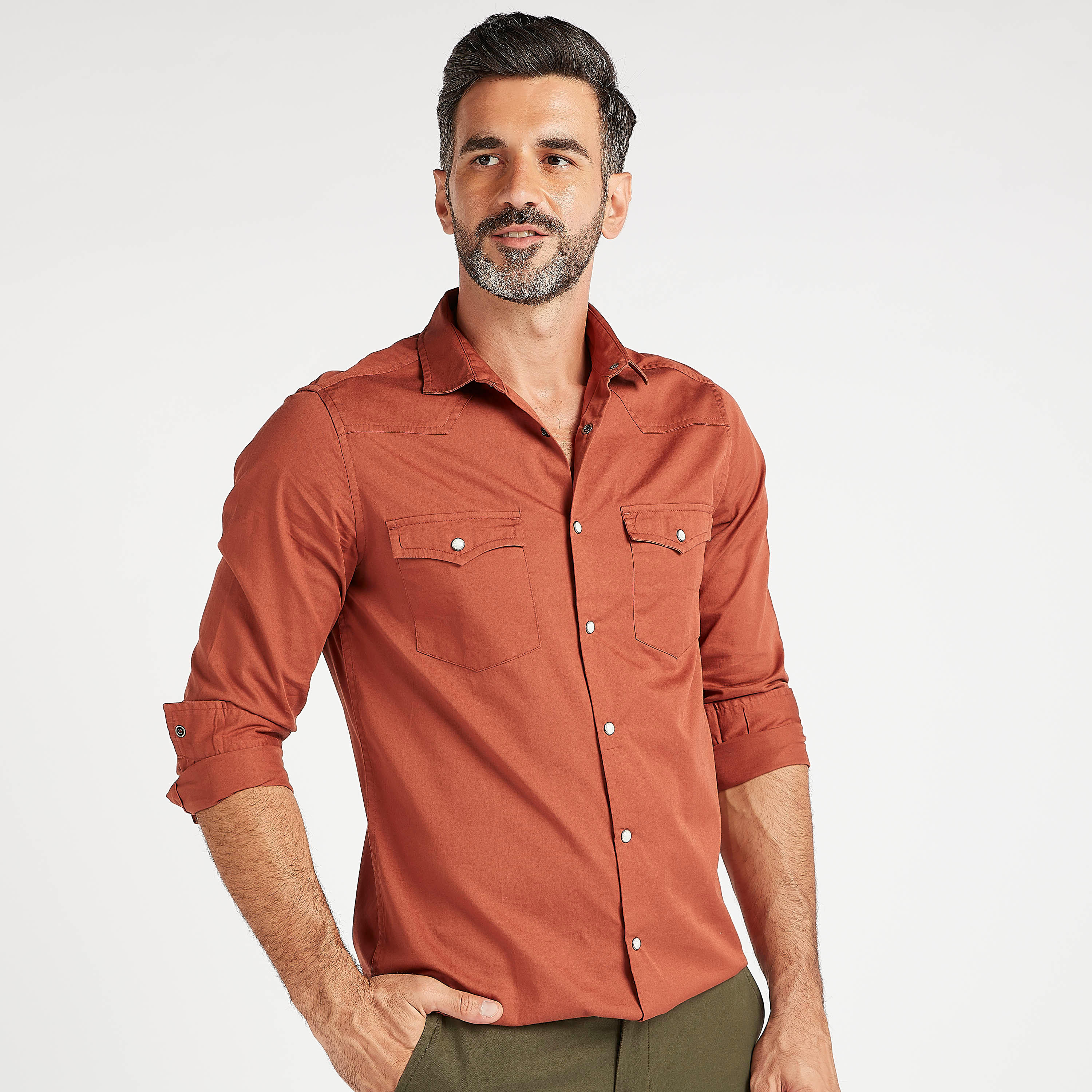 قميص سادة سليم فيت بأكمام طويلة وجيب على الصدر-men-clothing-shirts-image-6