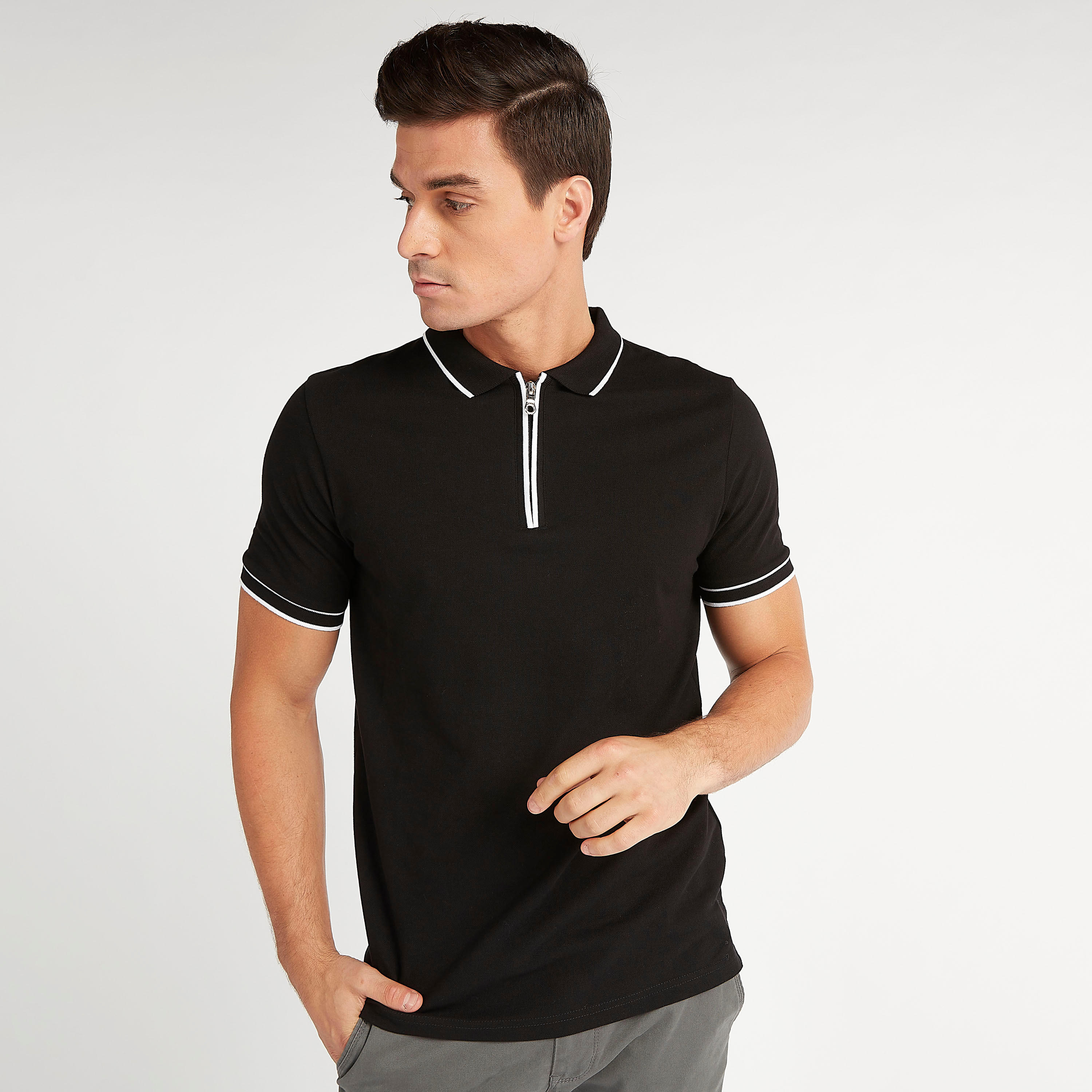 Solid Polo T-shirt with Zipper Placket and Short Sleeves-men-clothing-tshirtsandpolos-polos-image-1