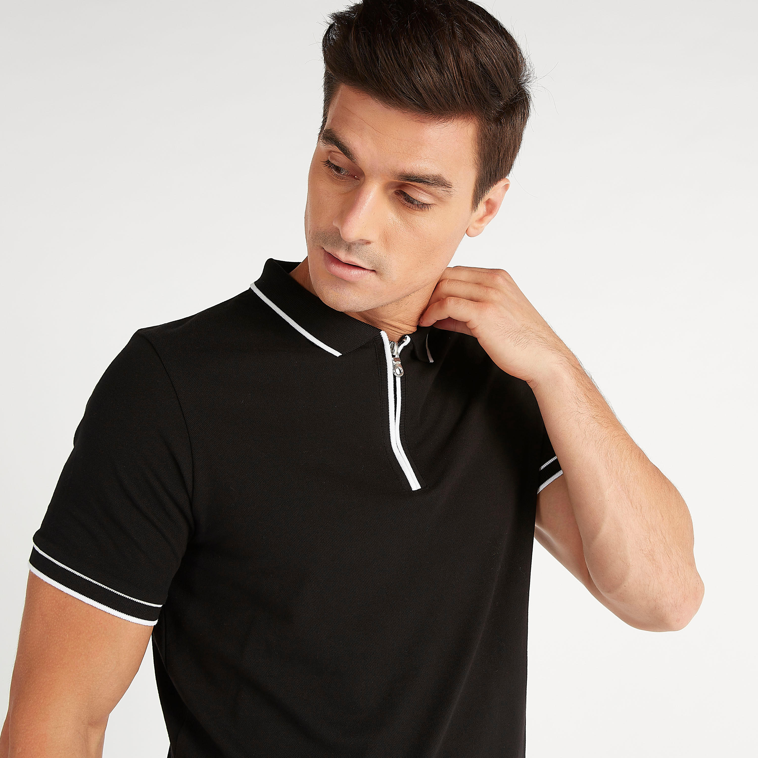Solid Polo T-shirt with Zipper Placket and Short Sleeves-men-clothing-tshirtsandpolos-polos-image-2