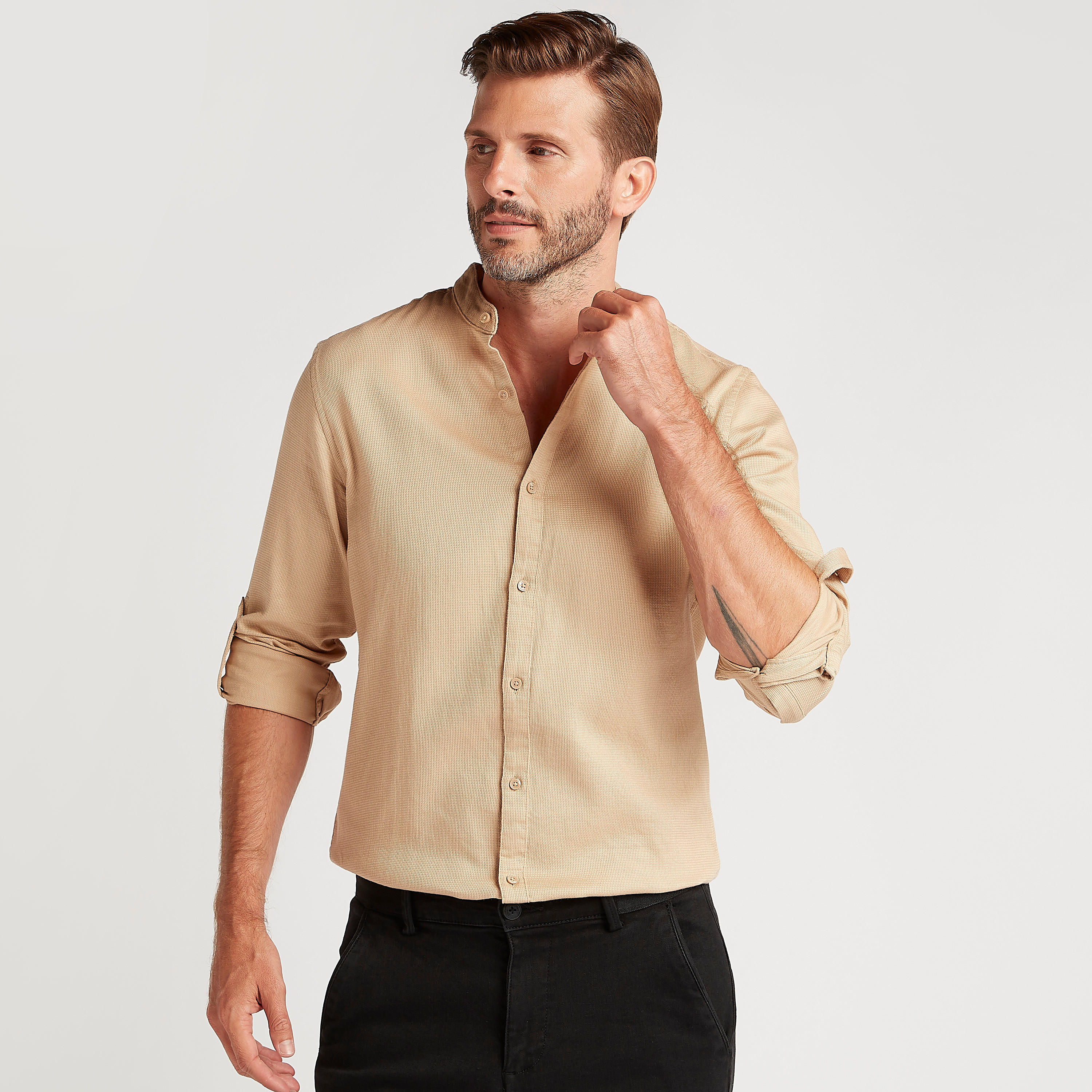 Solid Shirt with Mandarin Collar and Long Sleeves-men-clothing-shirts-image-1