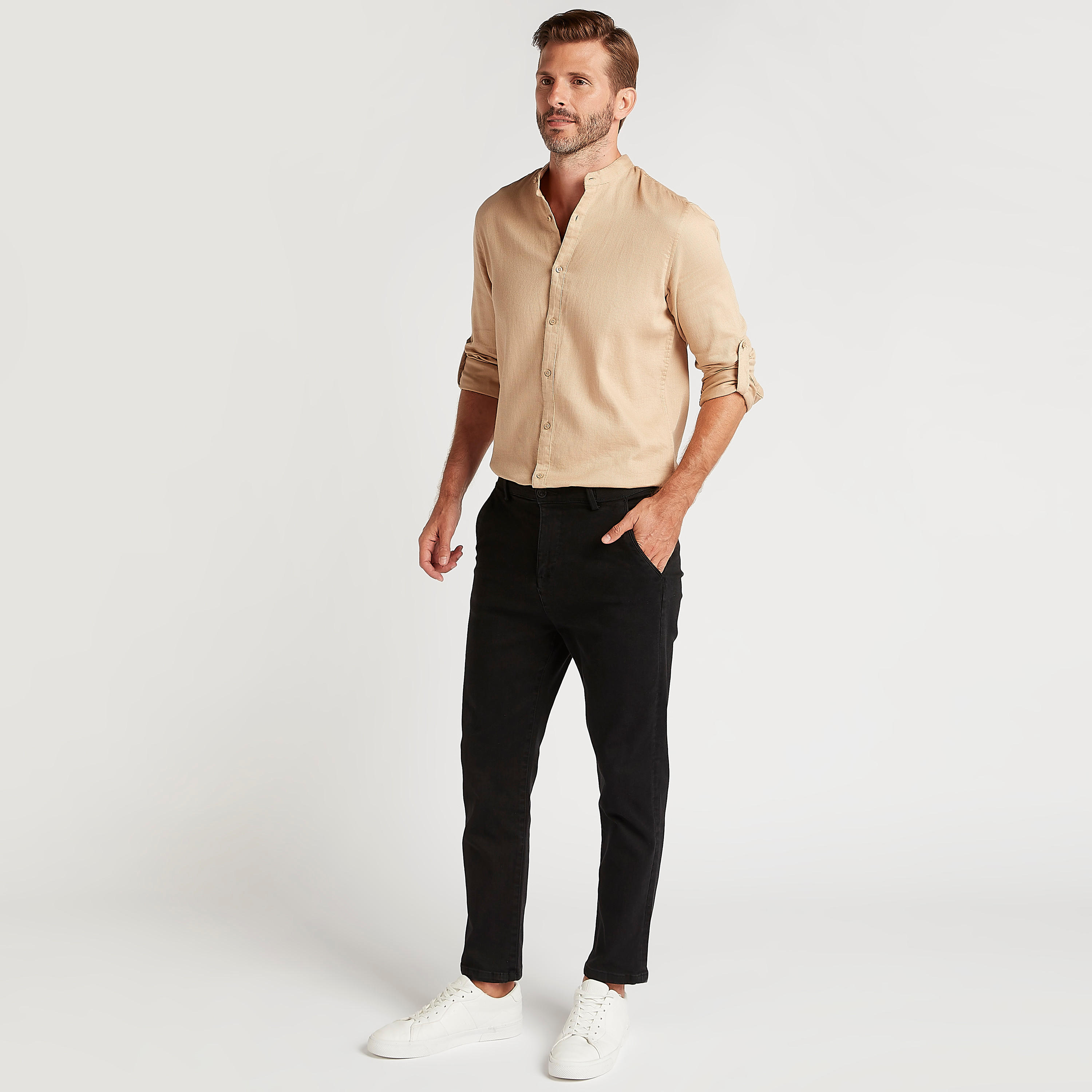 Solid Shirt with Mandarin Collar and Long Sleeves-men-clothing-shirts-image-2