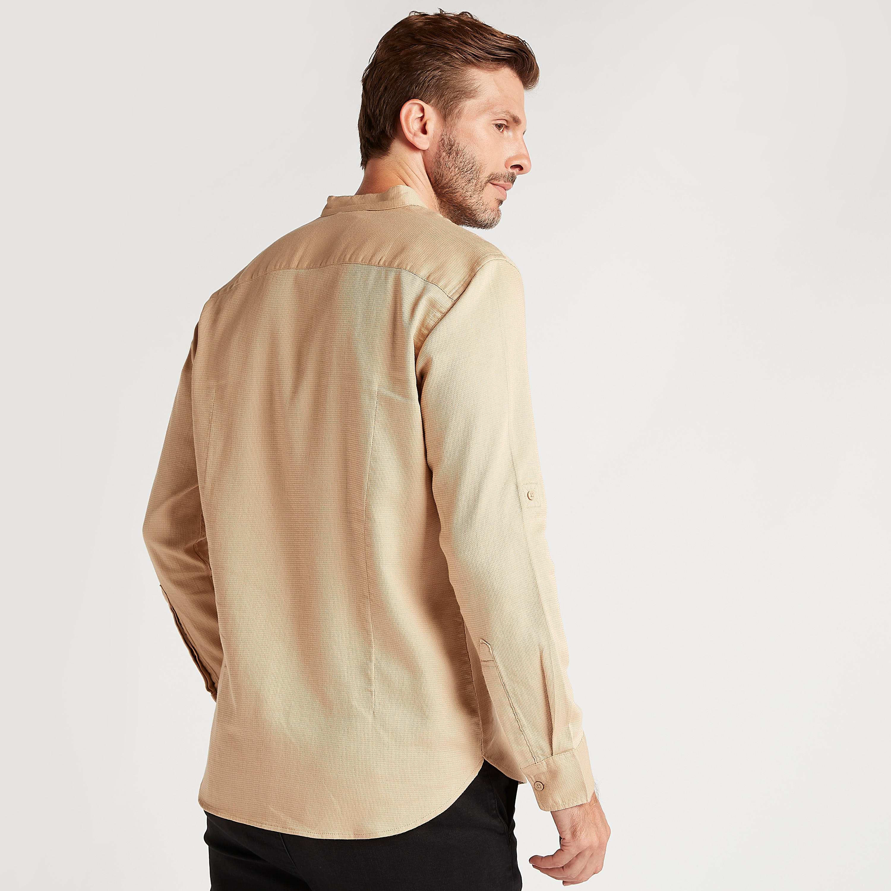 Solid Shirt with Mandarin Collar and Long Sleeves-men-clothing-shirts-image-4