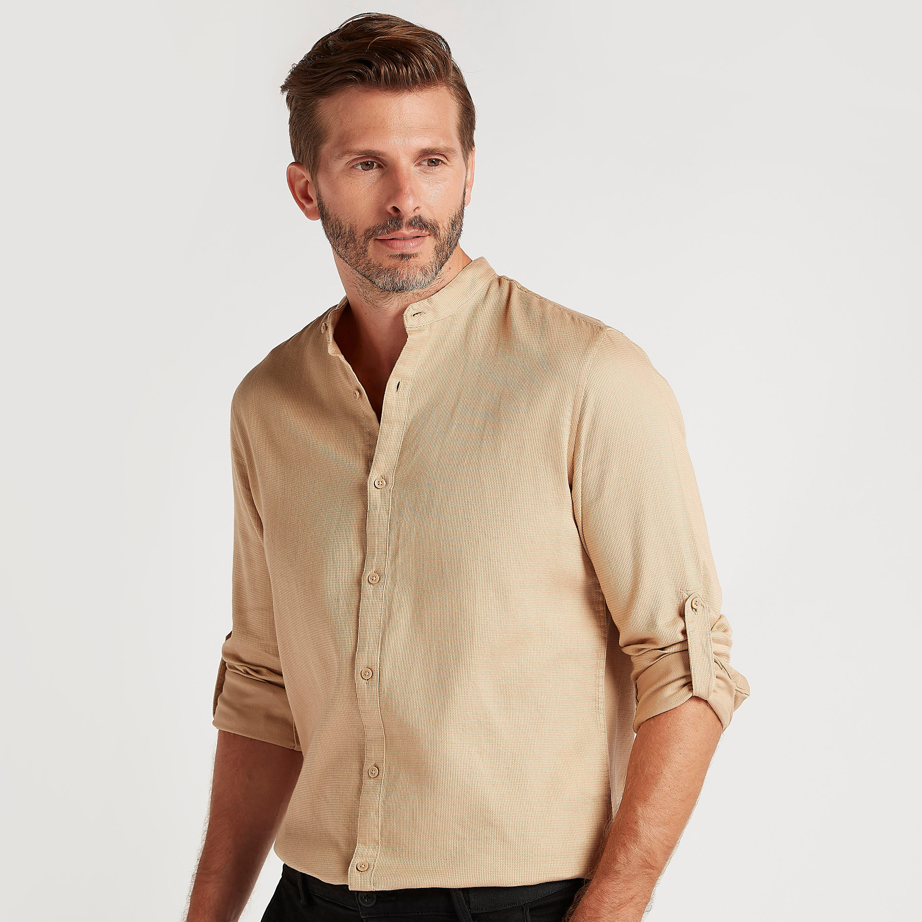 Solid Shirt with Mandarin Collar and Long Sleeves-men-clothing-shirts-image-6