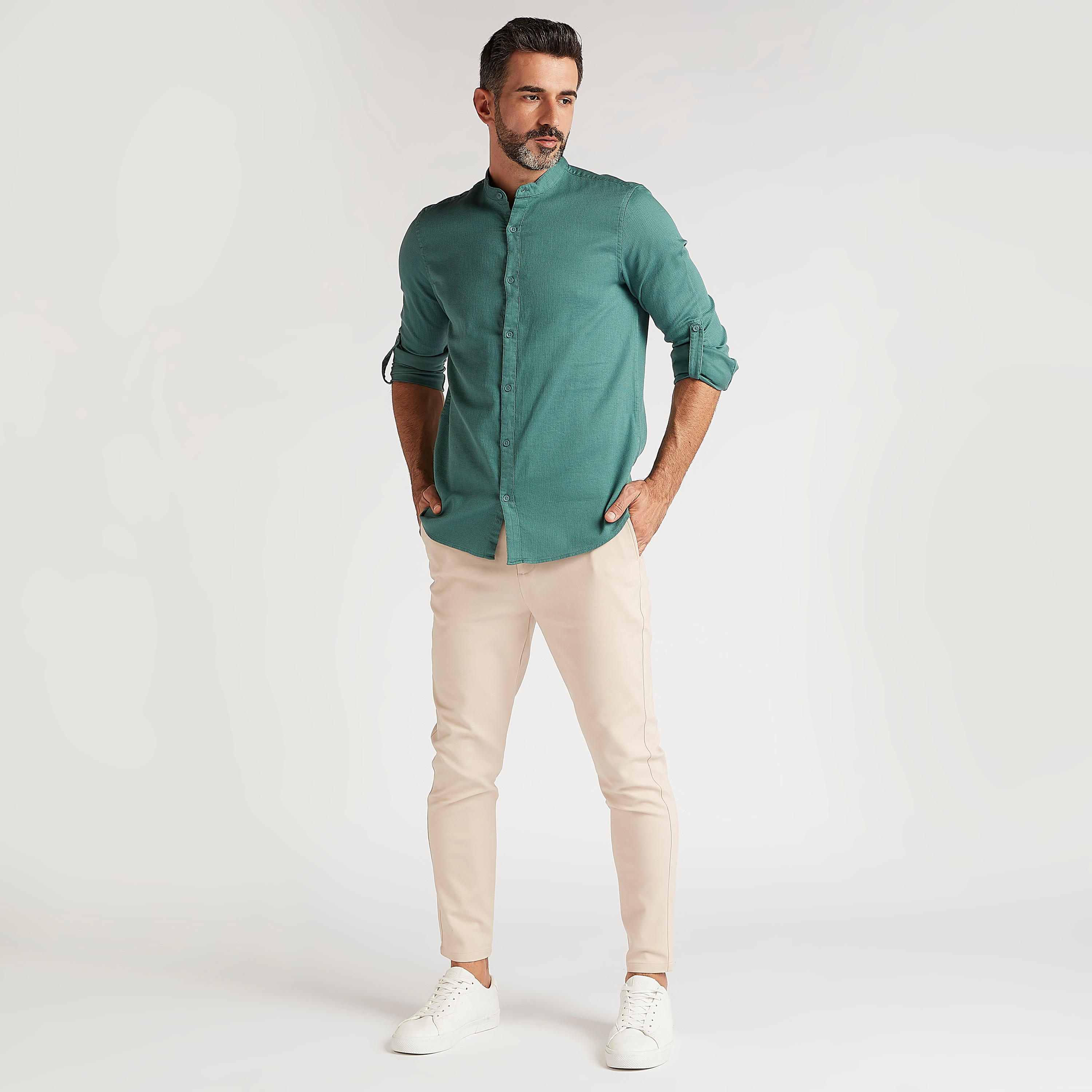 قميص بارز الملمس بياقة ماندارين وأكمام طويلة-men-clothing-shirts-image-2
