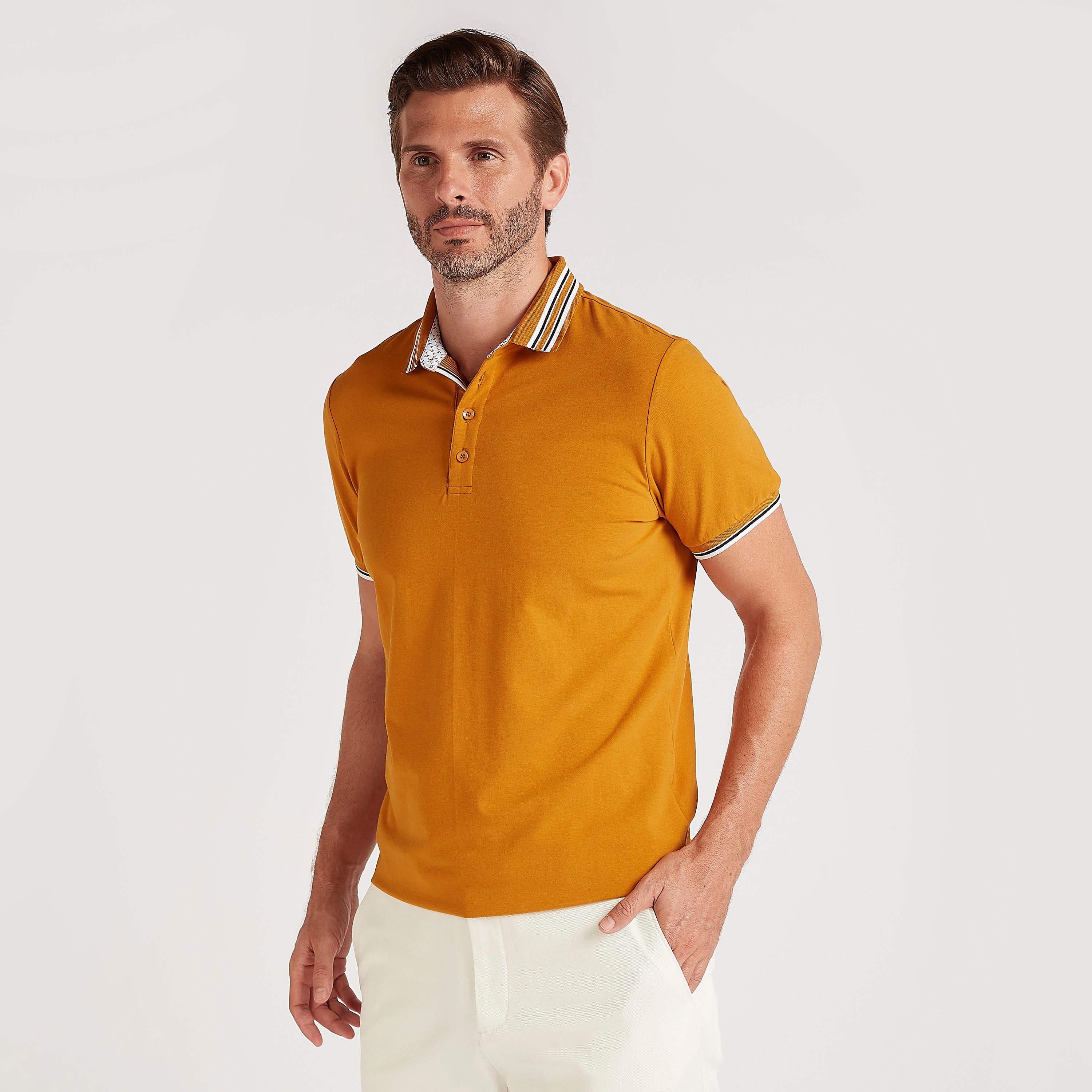 Solid Polo T-shirt with Striped Short Sleeves-men-clothing-tshirtsandpolos-polos-image-1