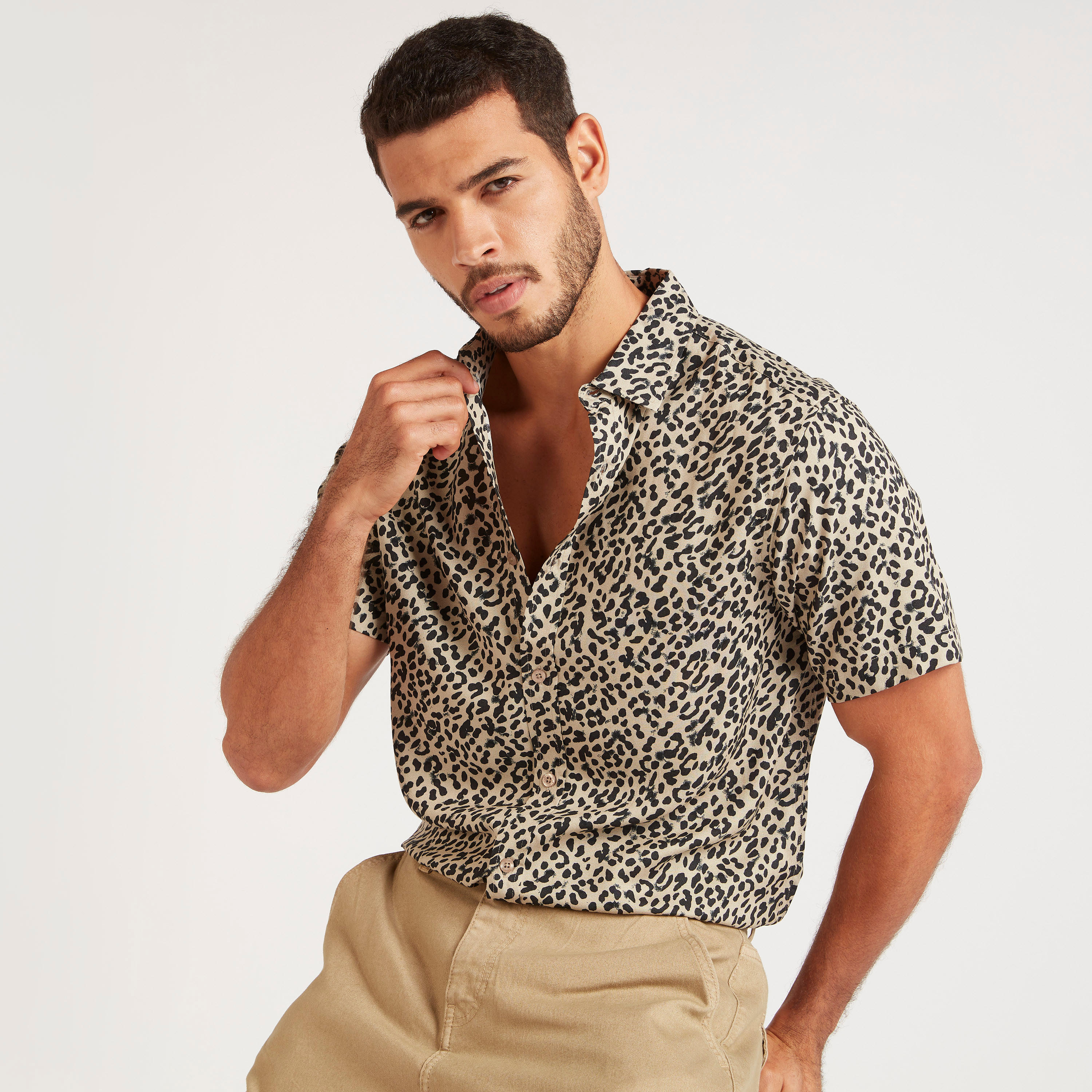 Animal Print Slim Fit Shirt with Short Sleeves-men-clothing-shirts-image-1