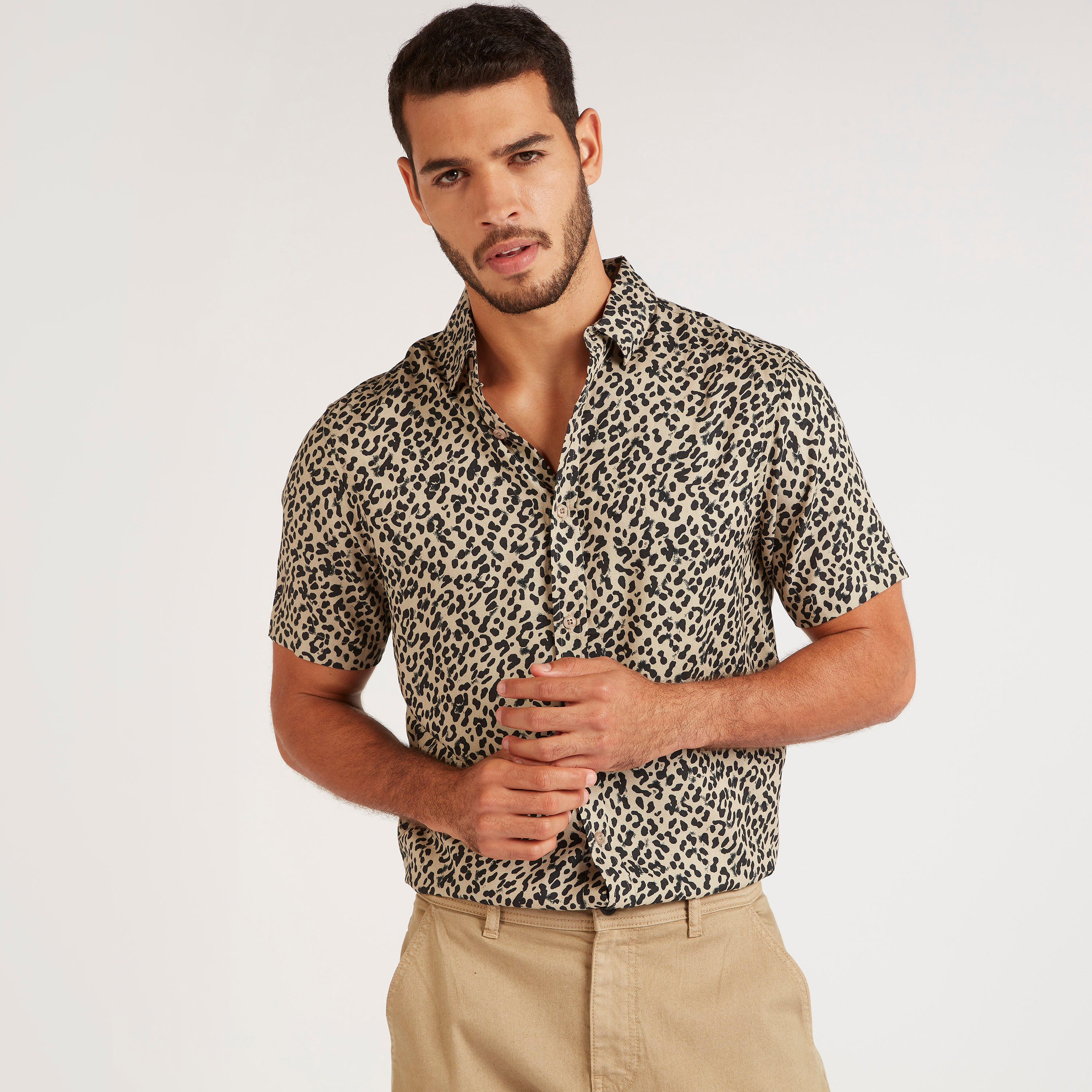 Animal Print Slim Fit Shirt with Short Sleeves-men-clothing-shirts-image-2