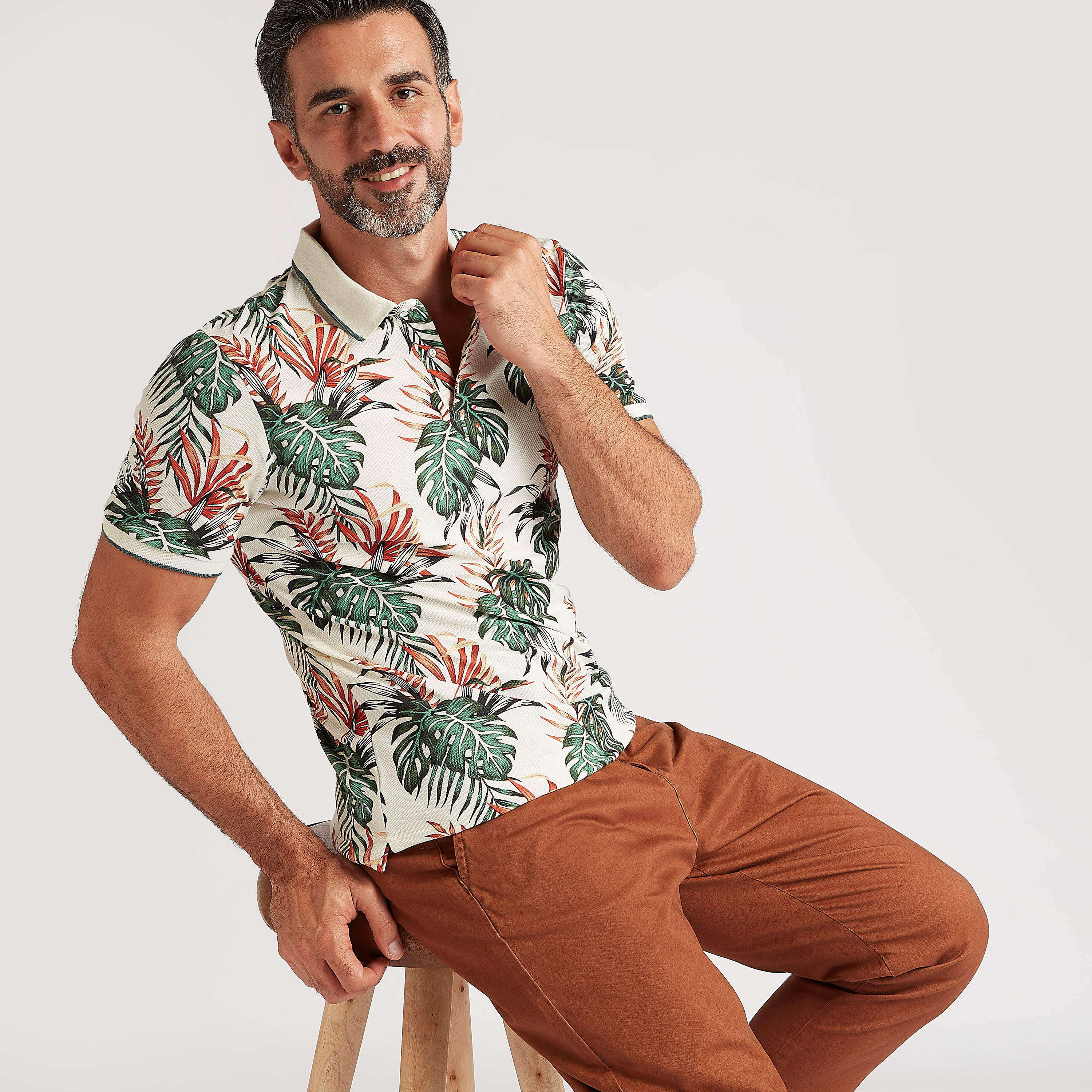 Tropical Print Polo T-shirt with Short Sleeves-men-clothing-tshirtsandpolos-polos-image-1