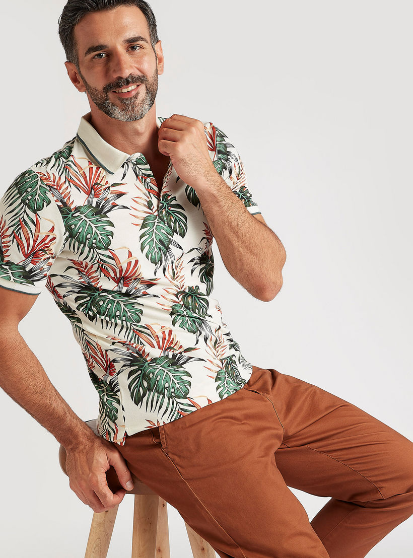 Tropical Print Polo T-shirt with Short Sleeves-men-clothing-tshirtsandpolos-polos-image-1