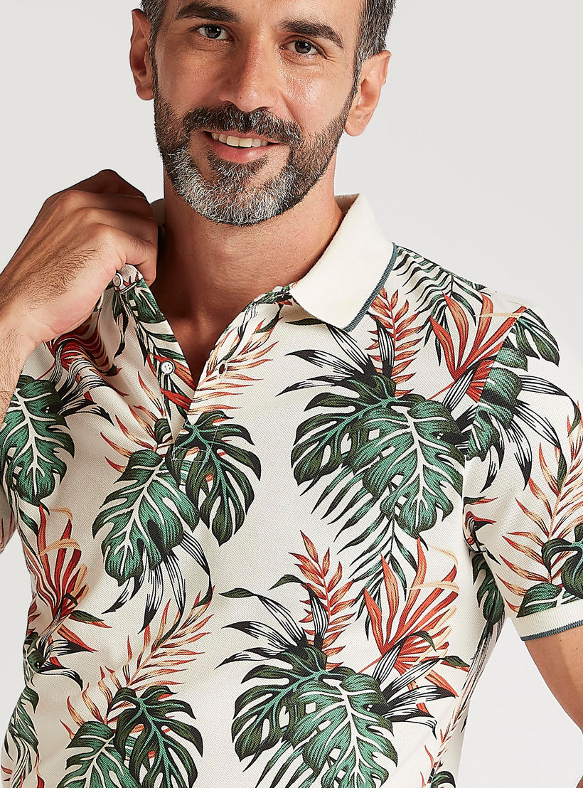 Tropical Print Polo T-shirt with Short Sleeves-men-clothing-tshirtsandpolos-polos-image-3