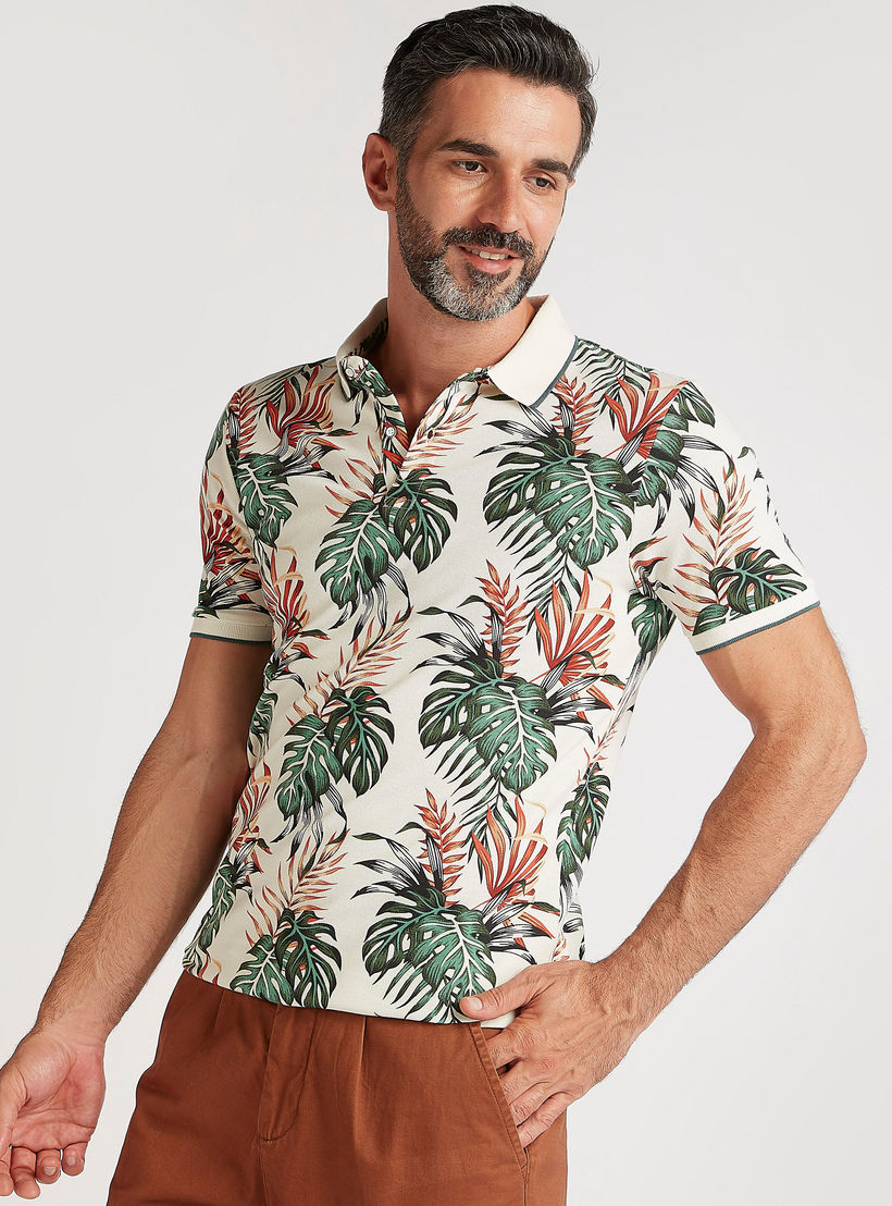 Tropical Print Polo T-shirt with Short Sleeves-men-clothing-tshirtsandpolos-polos-image-5