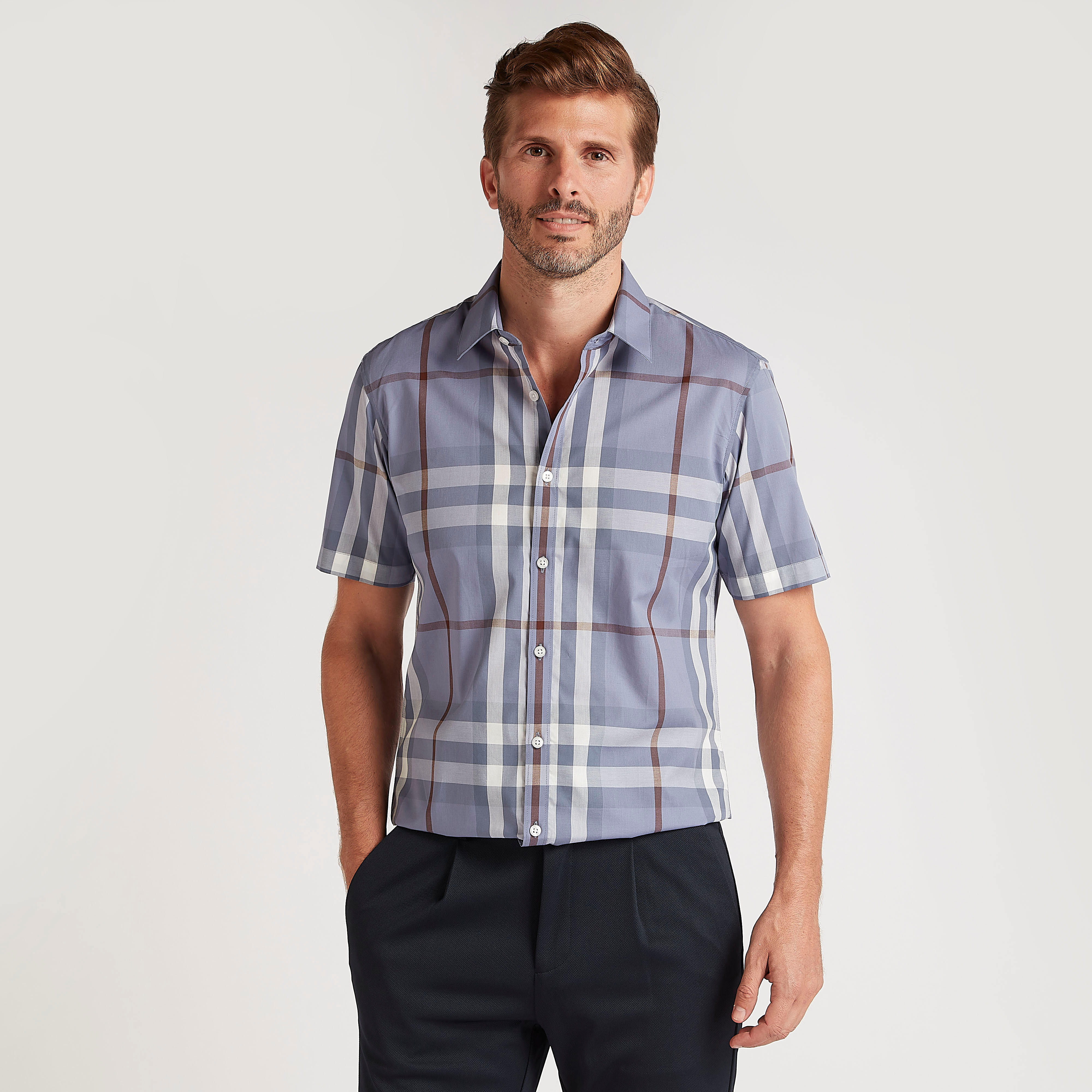 قميص سليم فيت كاروهات بأكمام قصيرة-men-clothing-shirts-image-1