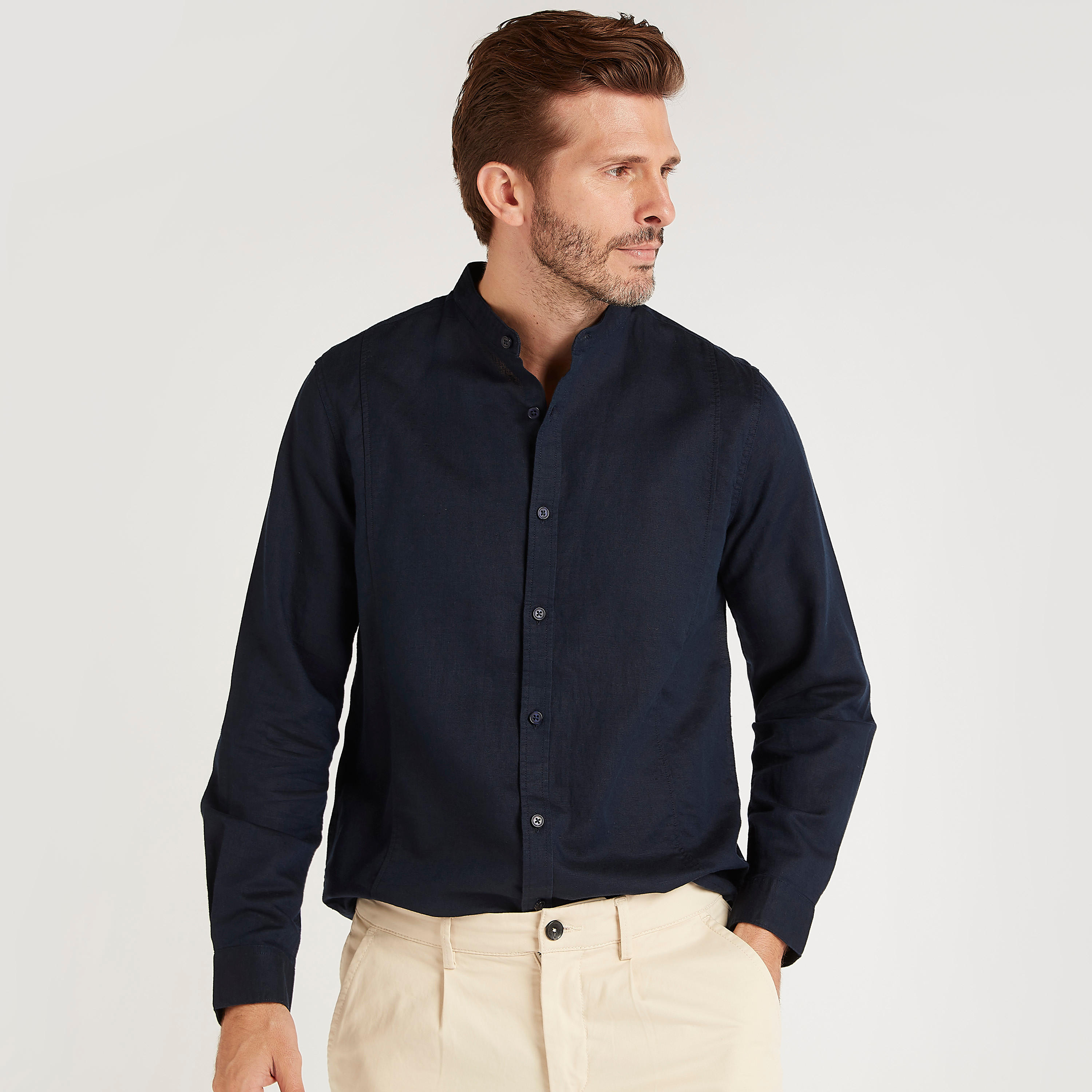 Solid Shirt with Mandarin Collar and Long Sleeves-men-clothing-shirts-image-1
