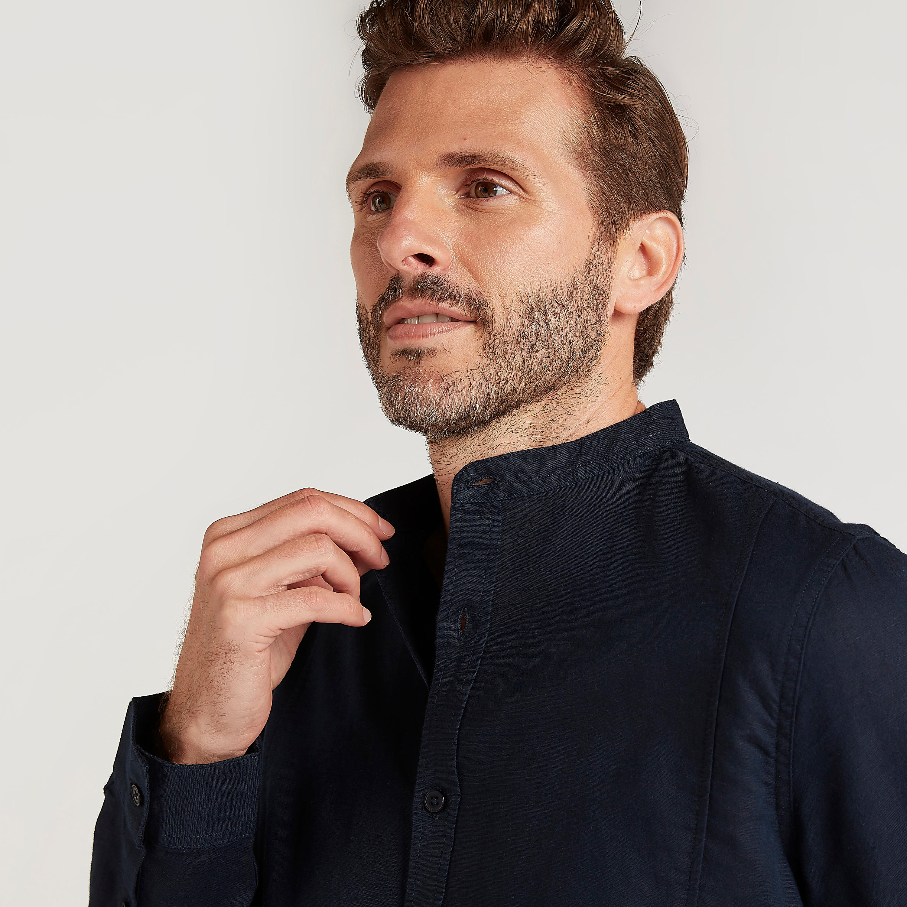 Solid Shirt with Mandarin Collar and Long Sleeves-men-clothing-shirts-image-3