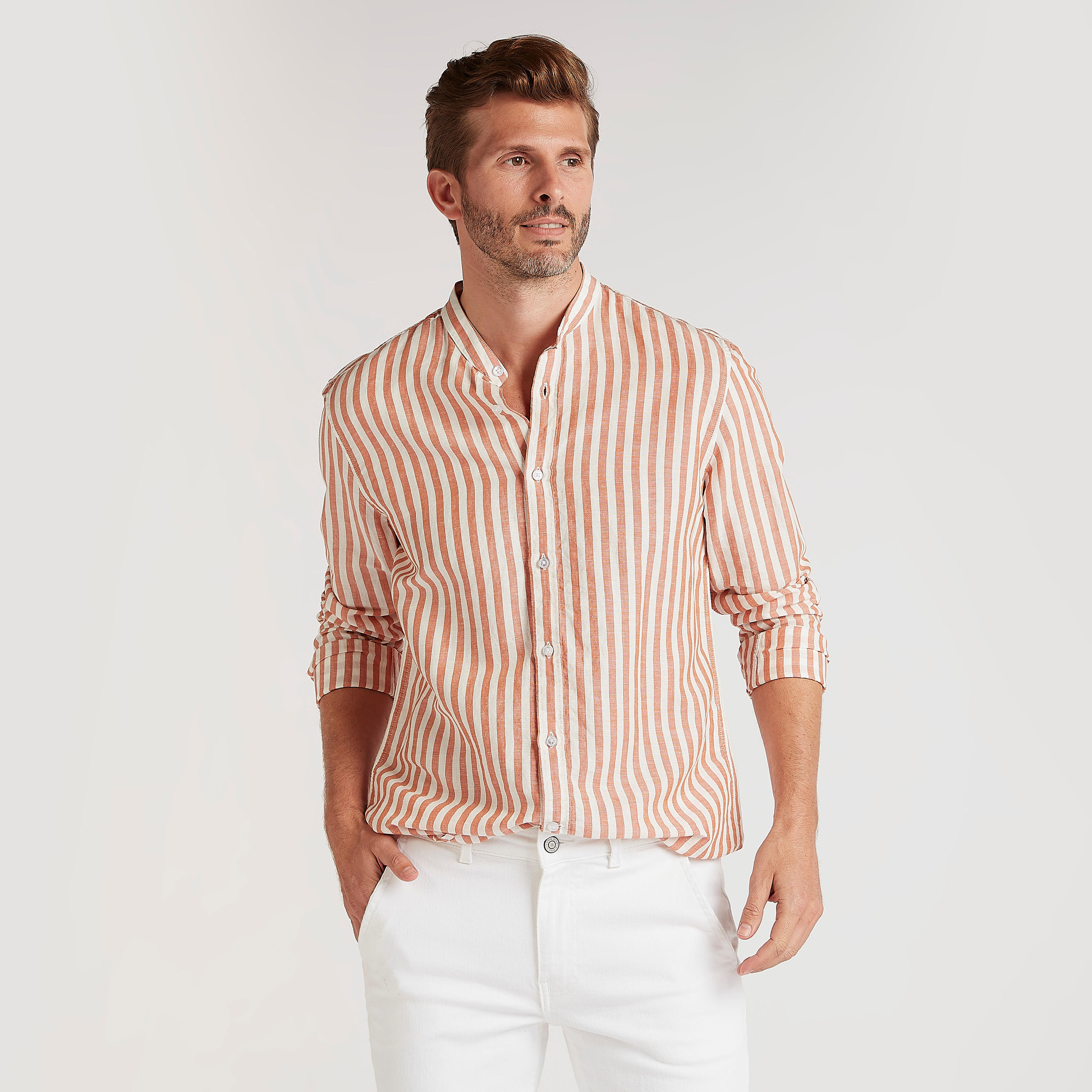قميص مخطط بياقة ماندارين وأكمام طويلة-men-clothing-shirts-image-1