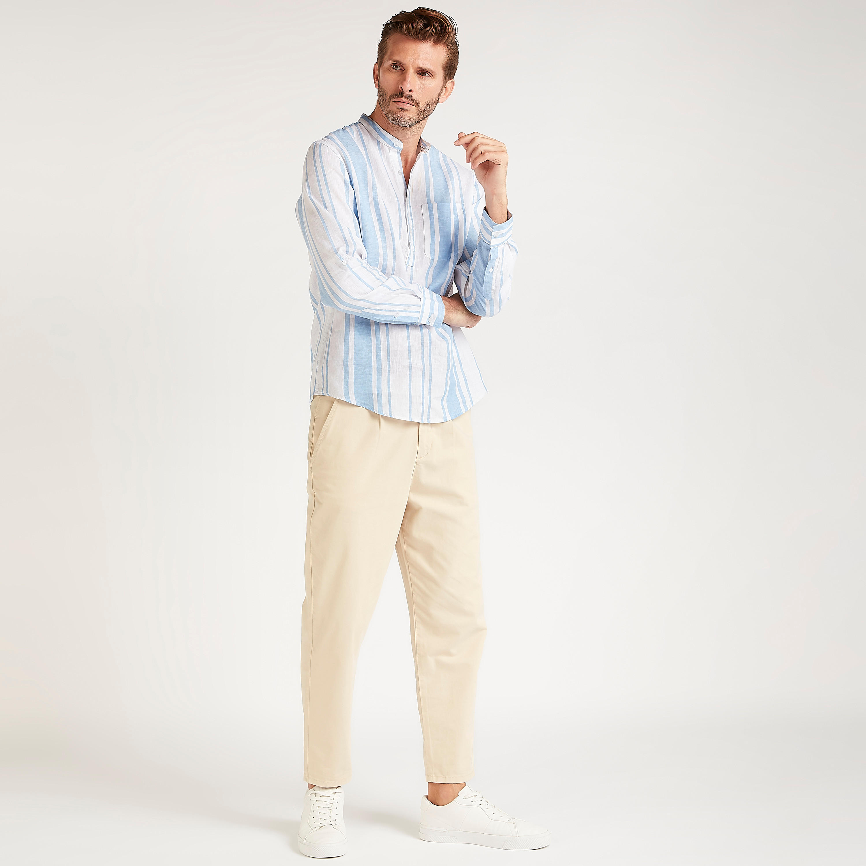 قميص مخطط بياقة ماندارين وأكمام طويلة-men-clothing-shirts-image-2