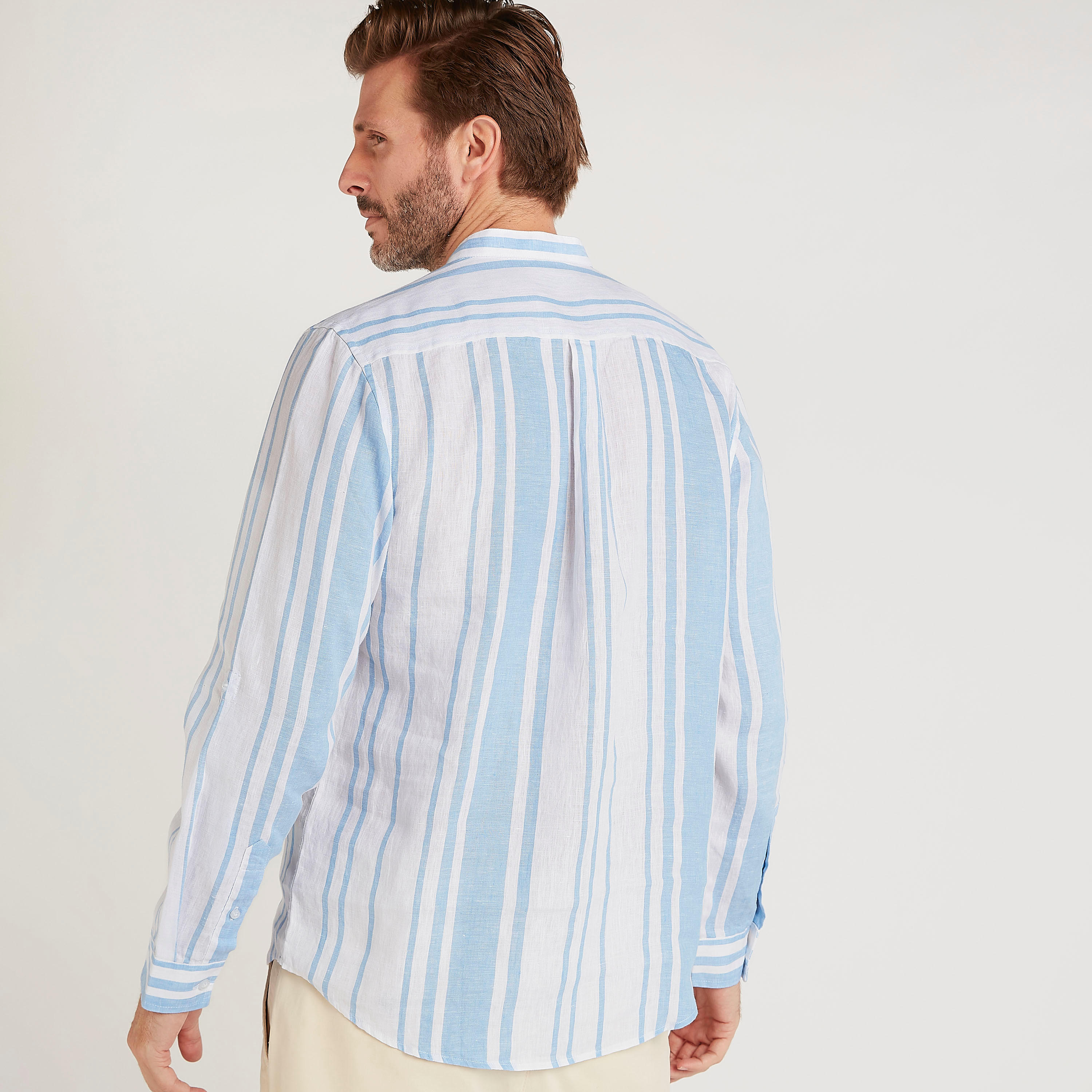 قميص مخطط بياقة ماندارين وأكمام طويلة-men-clothing-shirts-image-4