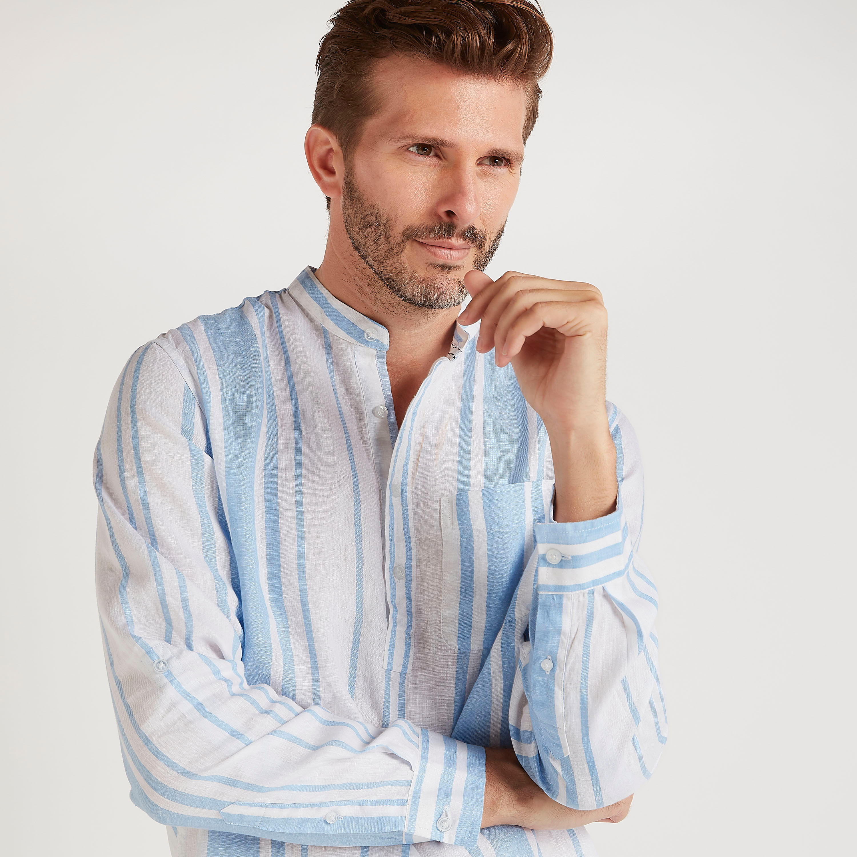 قميص مخطط بياقة ماندارين وأكمام طويلة-men-clothing-shirts-image-5