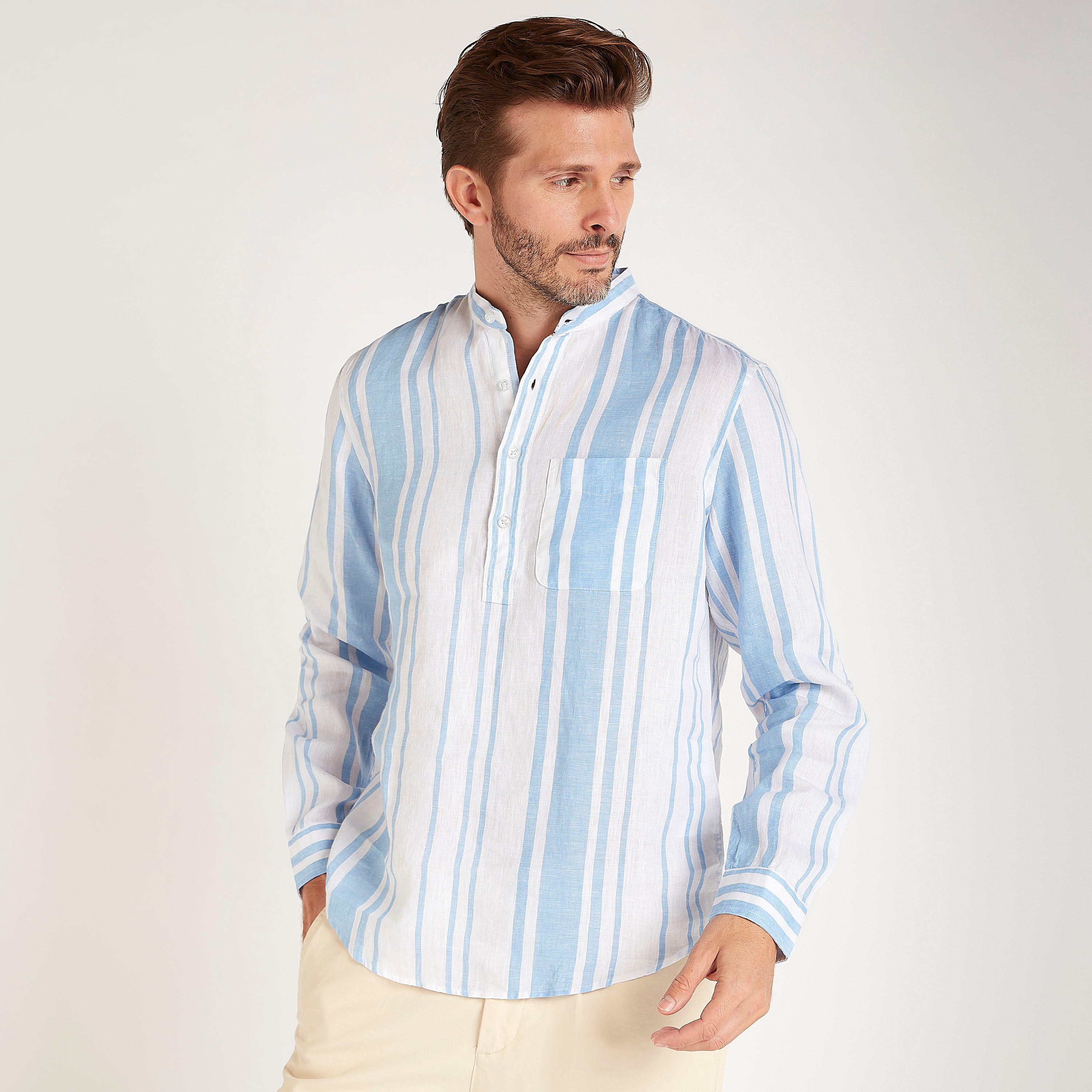 قميص مخطط بياقة ماندارين وأكمام طويلة-men-clothing-shirts-image-8