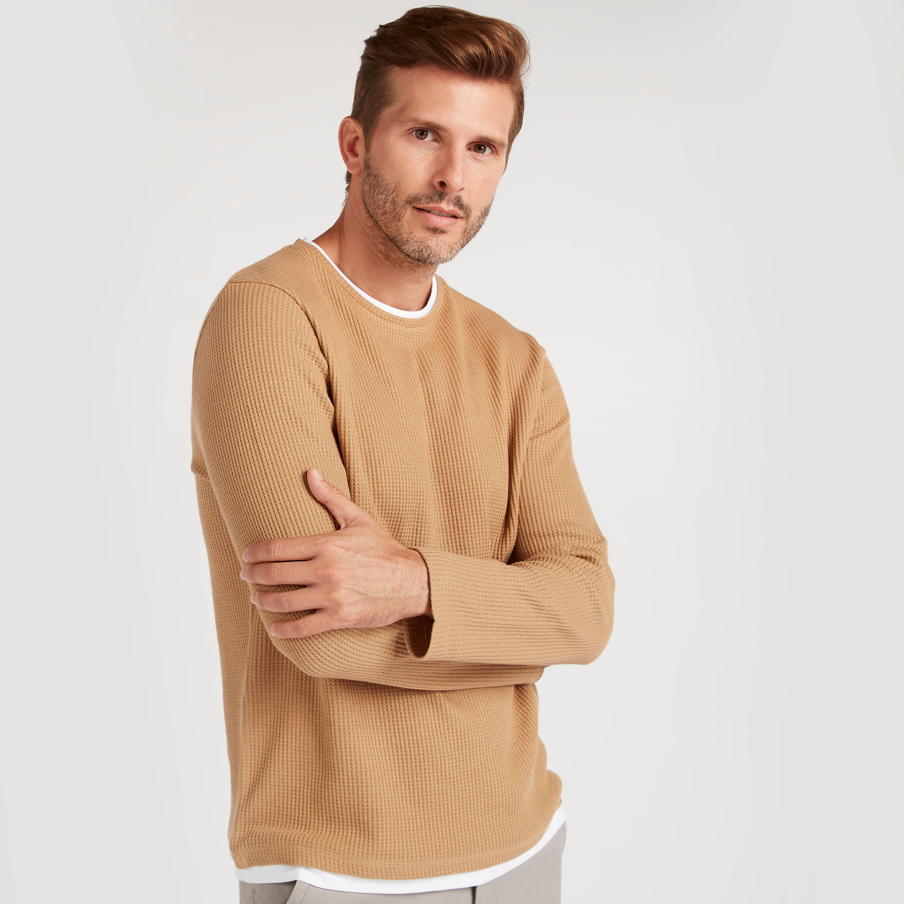 Textured Crew Neck T-shirt with Long Sleeves-men-clothing-tshirtsandpolos-tshirts-image-1