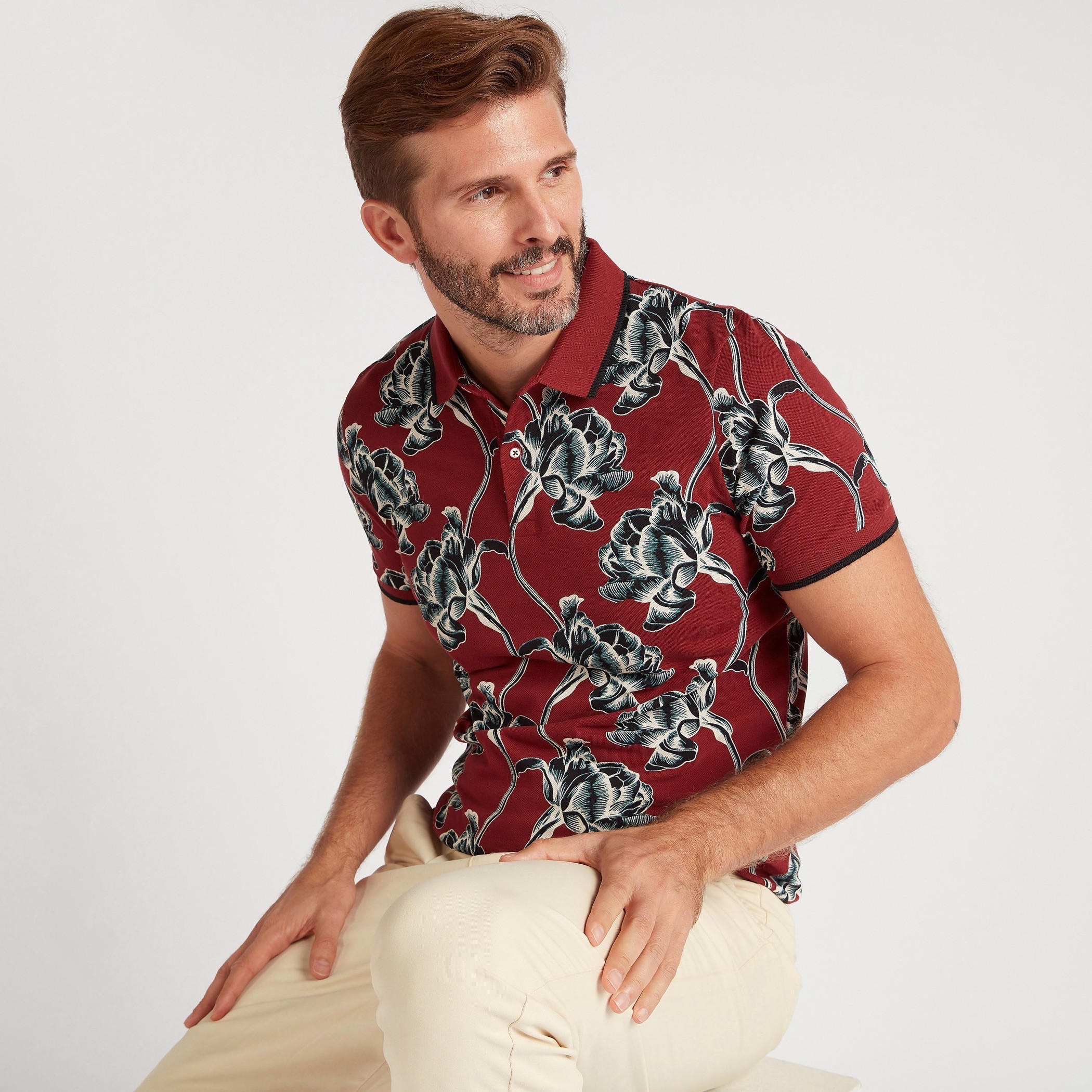 تيشيرت بولو بأكمام قصيرة وطبعات زهرية-men-clothing-tshirtsandpolos-polos-image-1