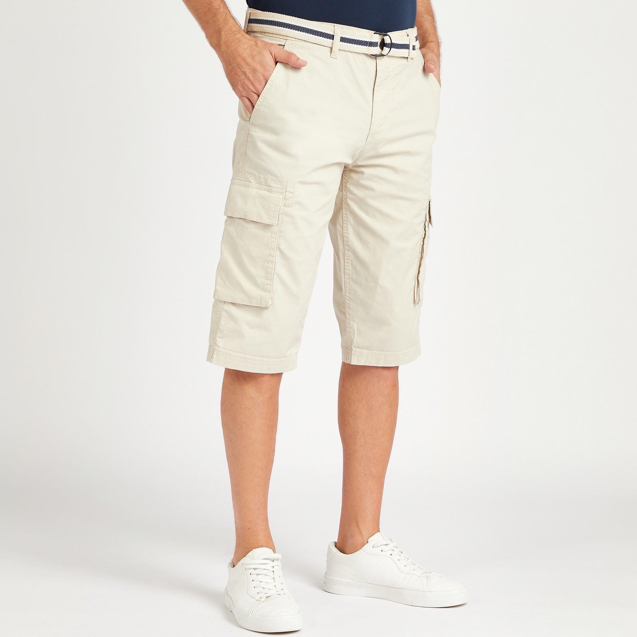 Solid Mid-Rise Cargo Shorts with Pockets and Belt-men-clothing-bottoms-shorts-image-1