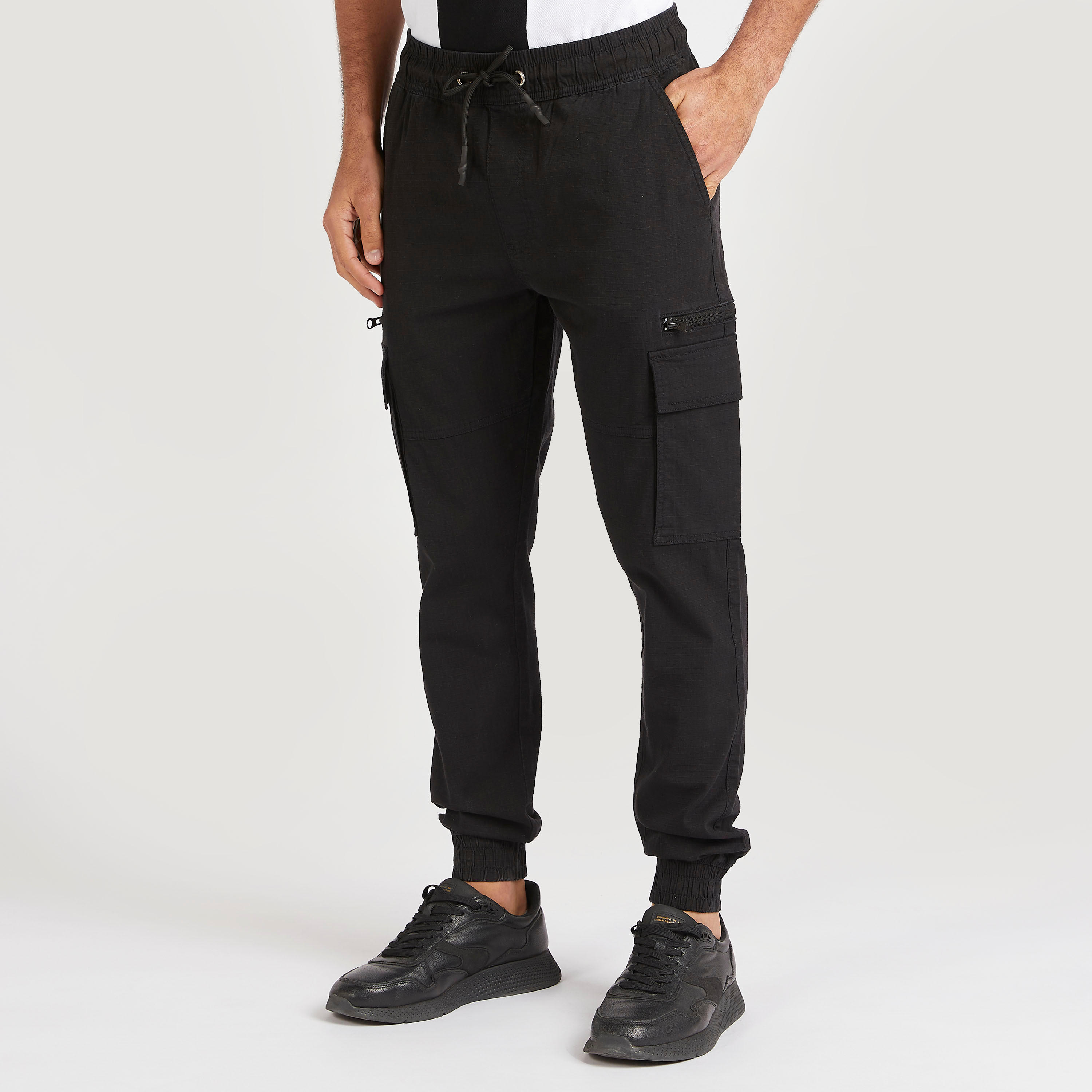 Mid-Rise Textured Cargo Joggers with Pockets-men-clothing-bottoms-joggers-image-1