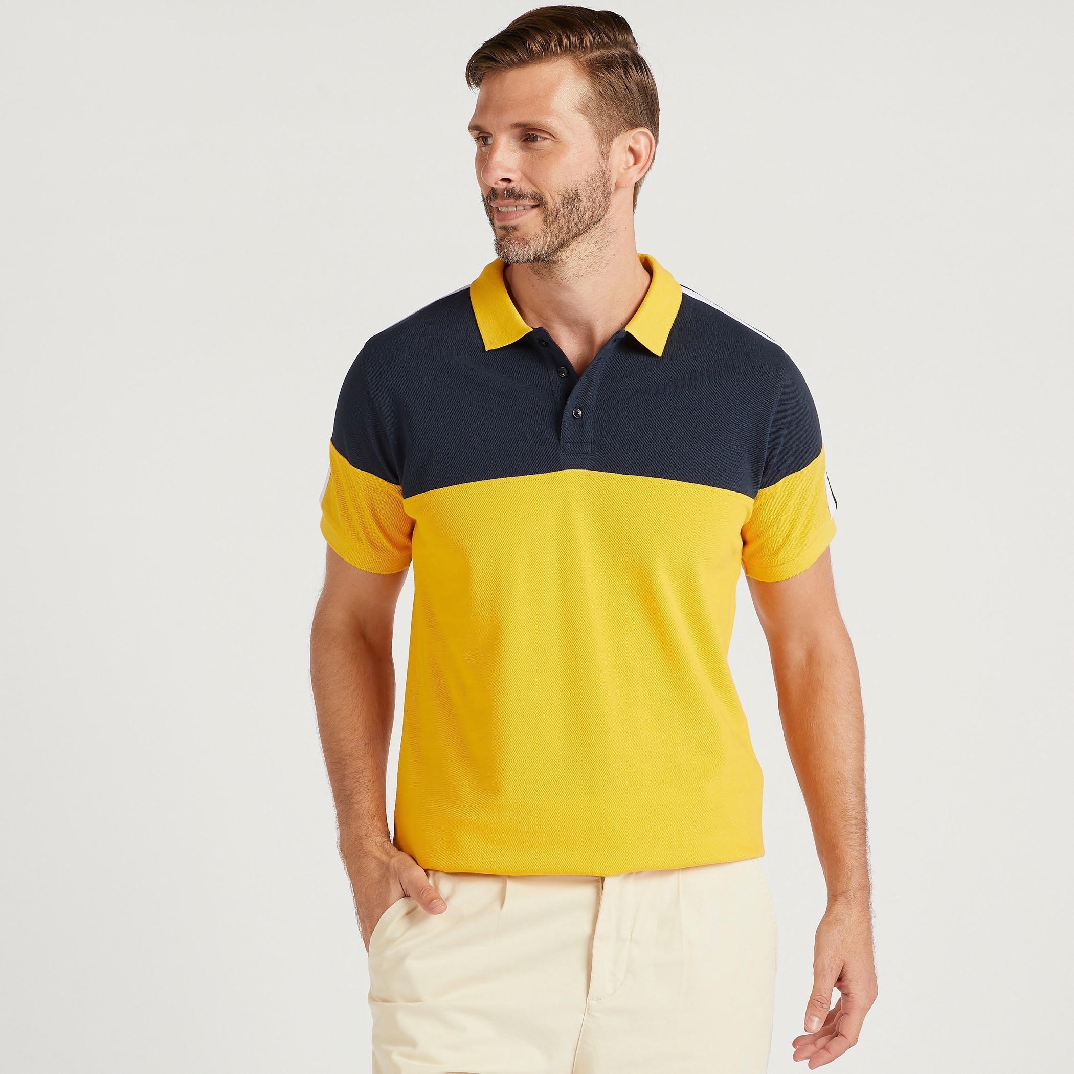 تيشيرت بولو بتصاميم مغايرة مع تفاصيل شريط على الكتف-men-clothing-tshirtsandpolos-polos-image-1