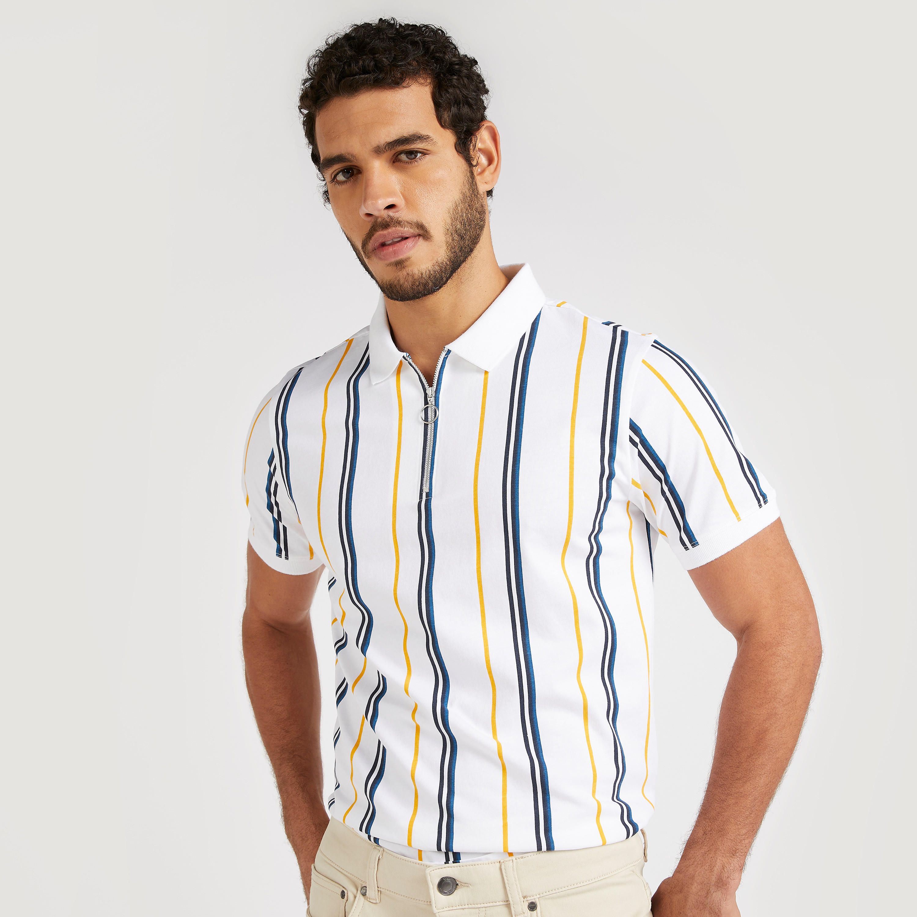 Striped Polo T-shirt with Zipper Placket-men-clothing-tshirtsandpolos-polos-image-1