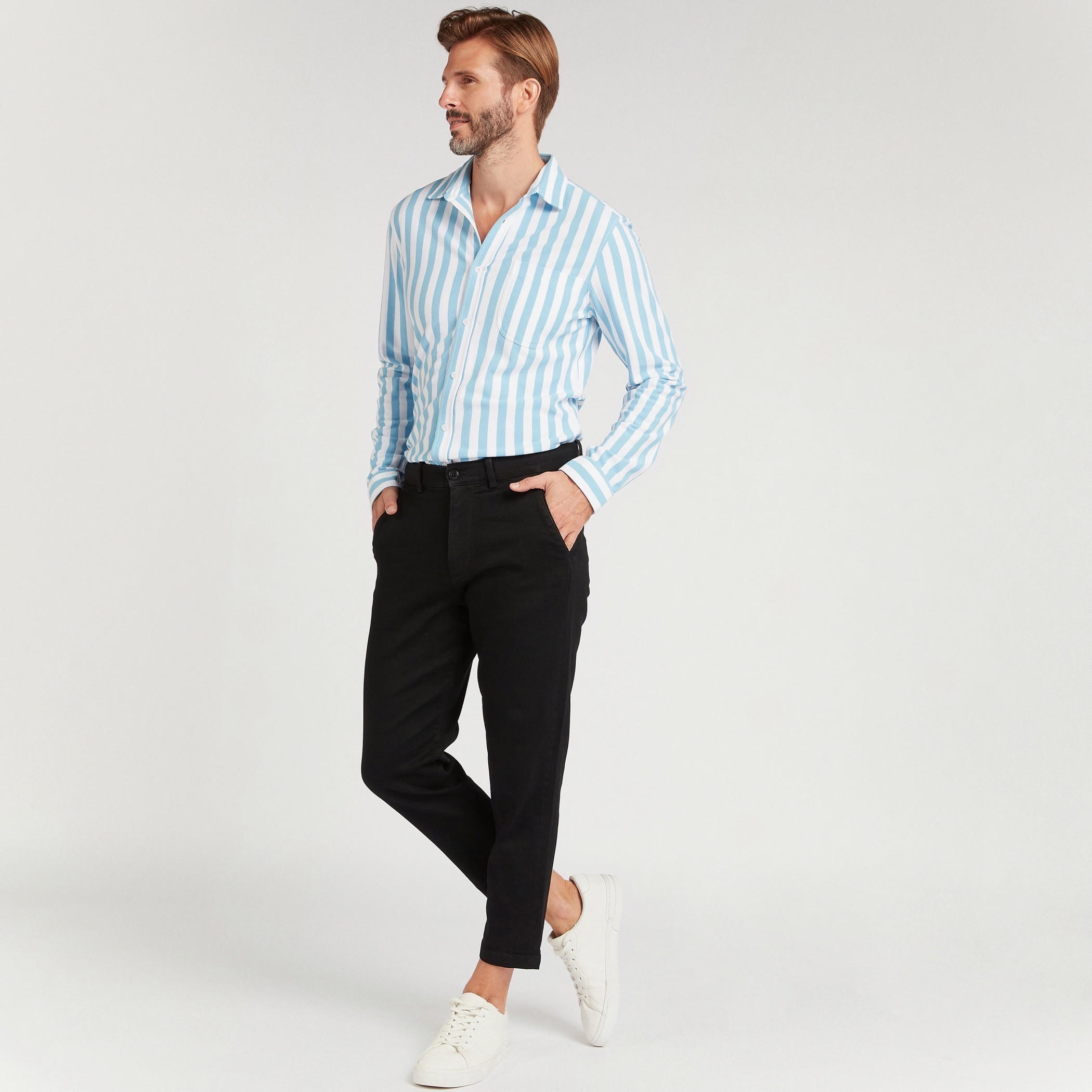قميص سليم فيت مخطّط بأكمام طويلة وجيب خارجي-men-clothing-shirts-image-2