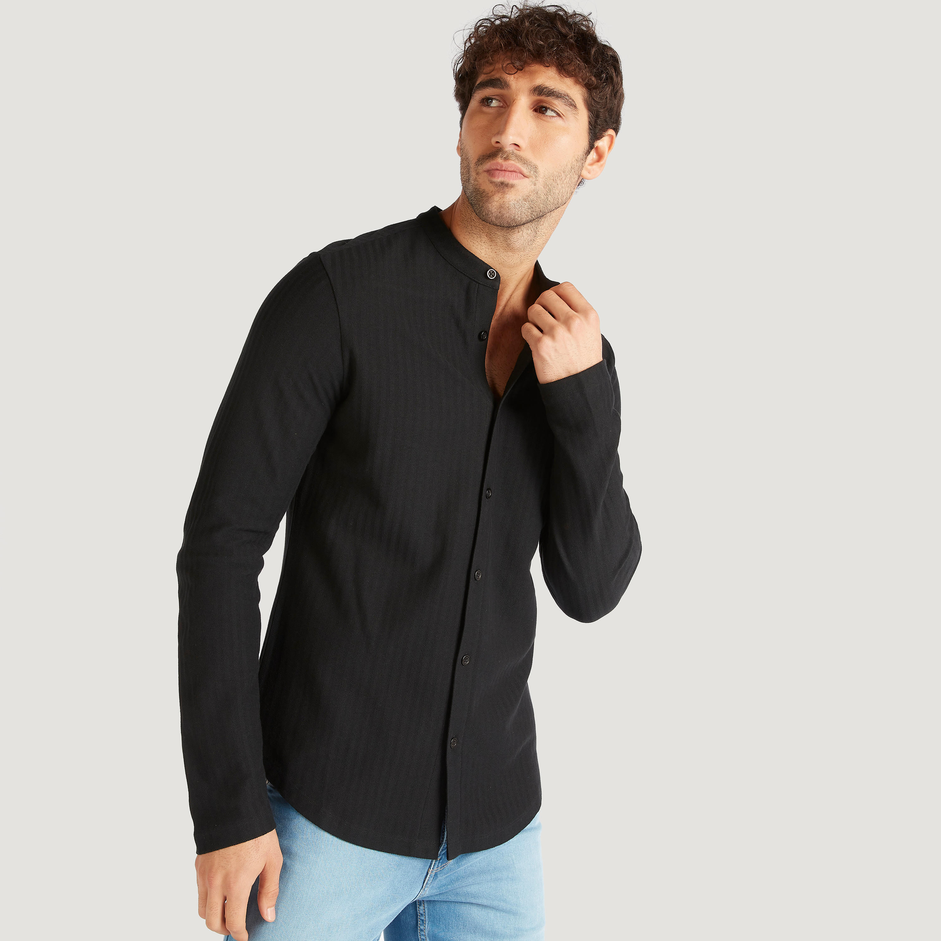 Slim Fit Textured Shirt with Mandarin Collar-men-clothing-shirts-image-1