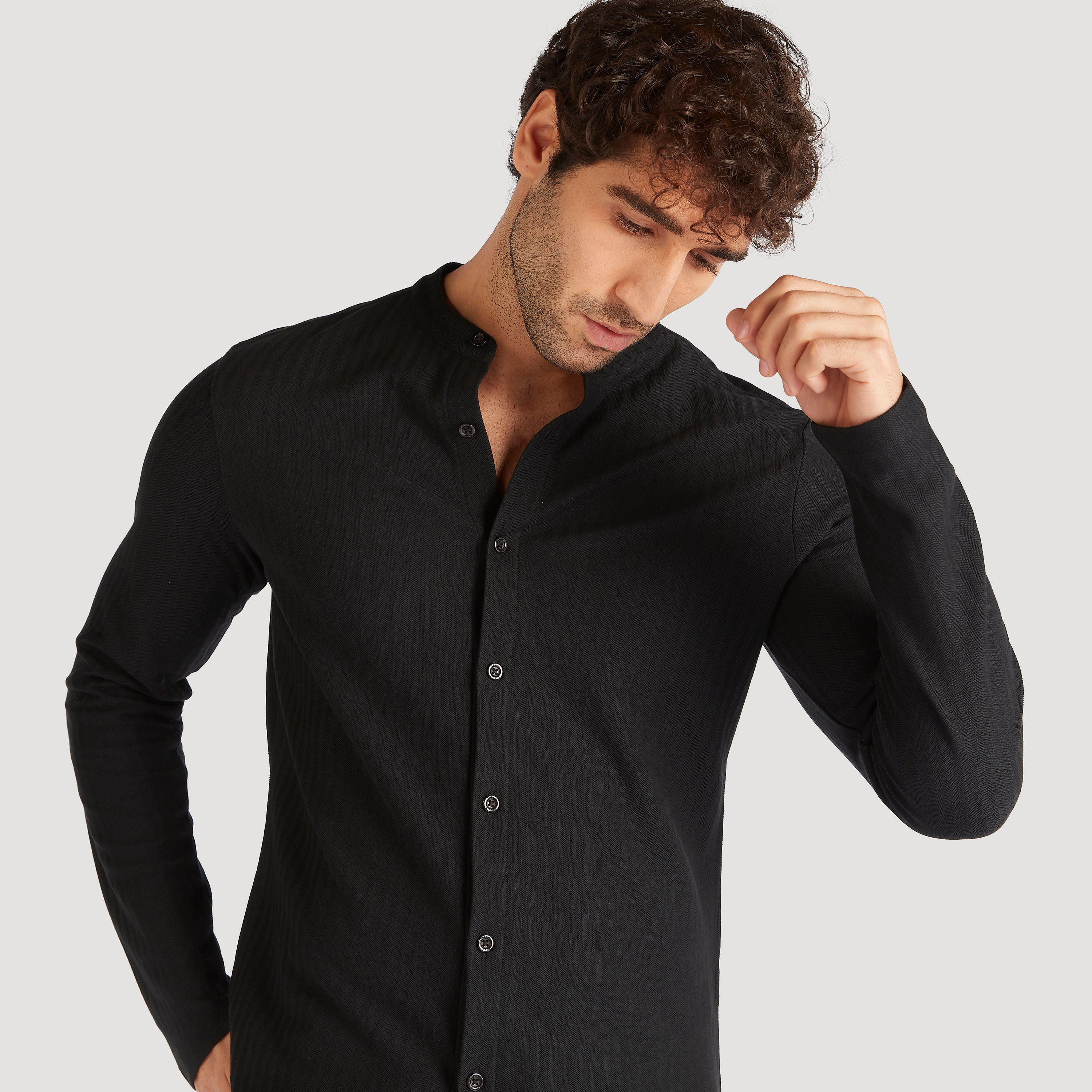 Slim Fit Textured Shirt with Mandarin Collar-men-clothing-shirts-image-6