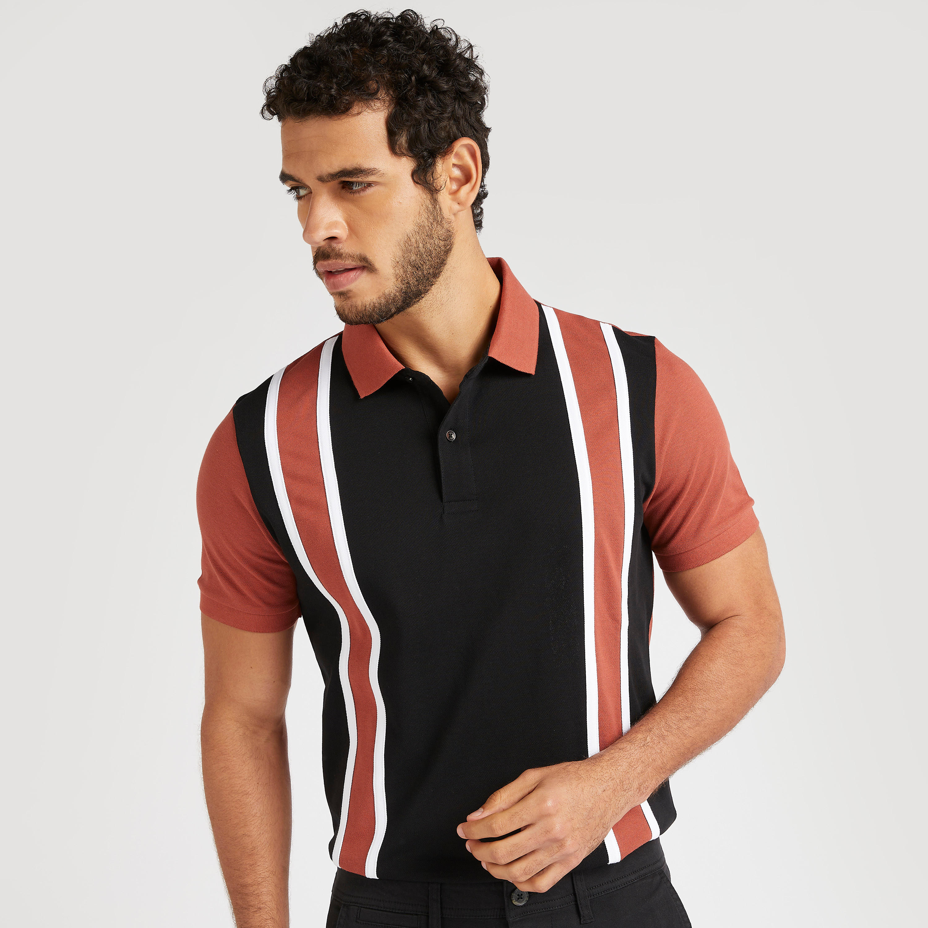 Striped Polo T-shirt with Short Sleeves and Button Closure-men-clothing-tshirtsandpolos-polos-image-1