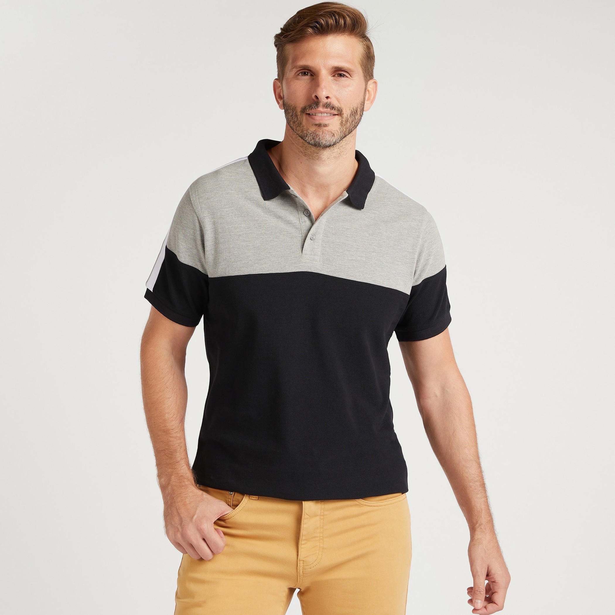 تيشيرت بولو بتصاميم مغايرة مع تفاصيل شريط على الكتف-men-clothing-tshirtsandpolos-polos-image-1