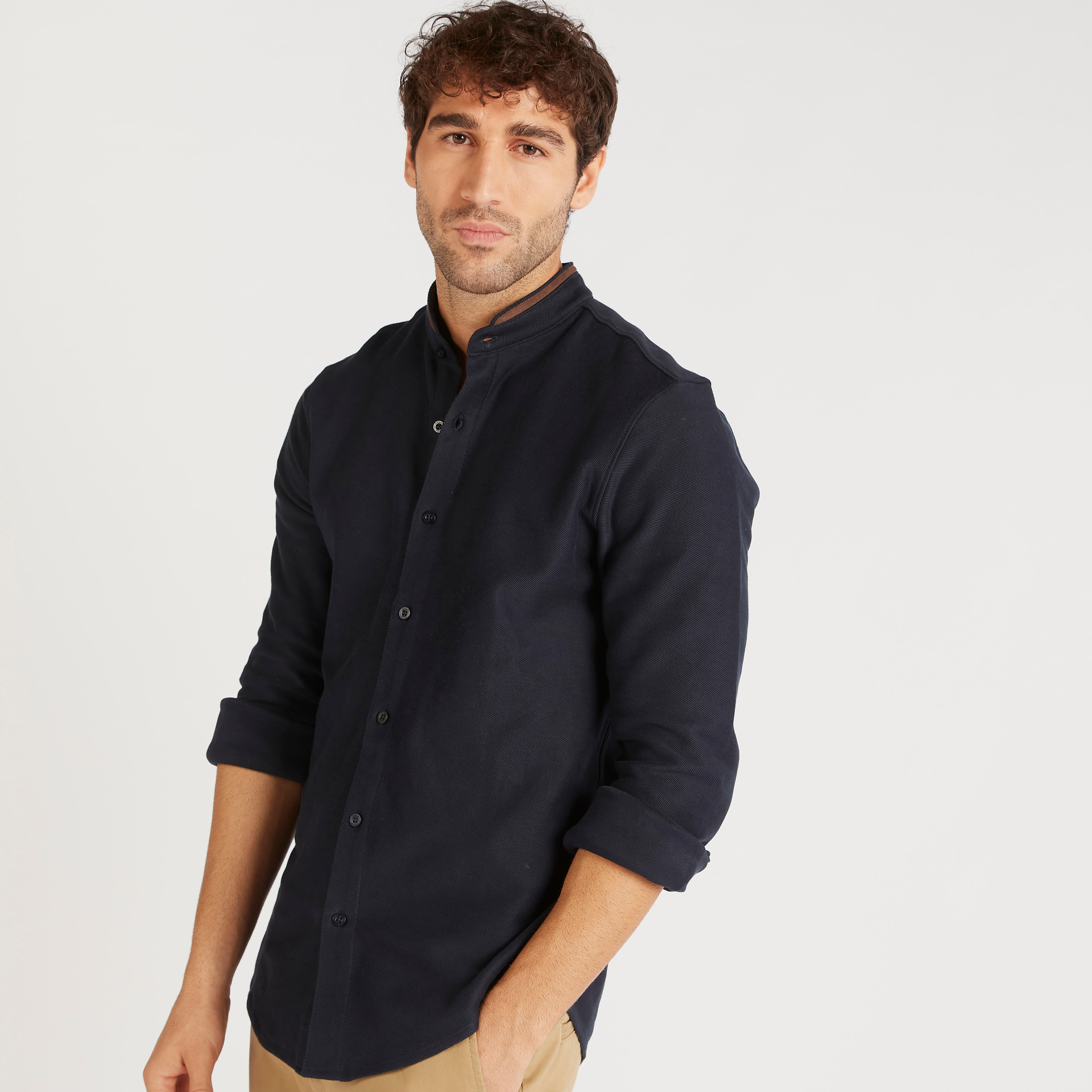 Textured Mandarin Collared Shirt with Long Sleeves-men-clothing-shirts-image-1