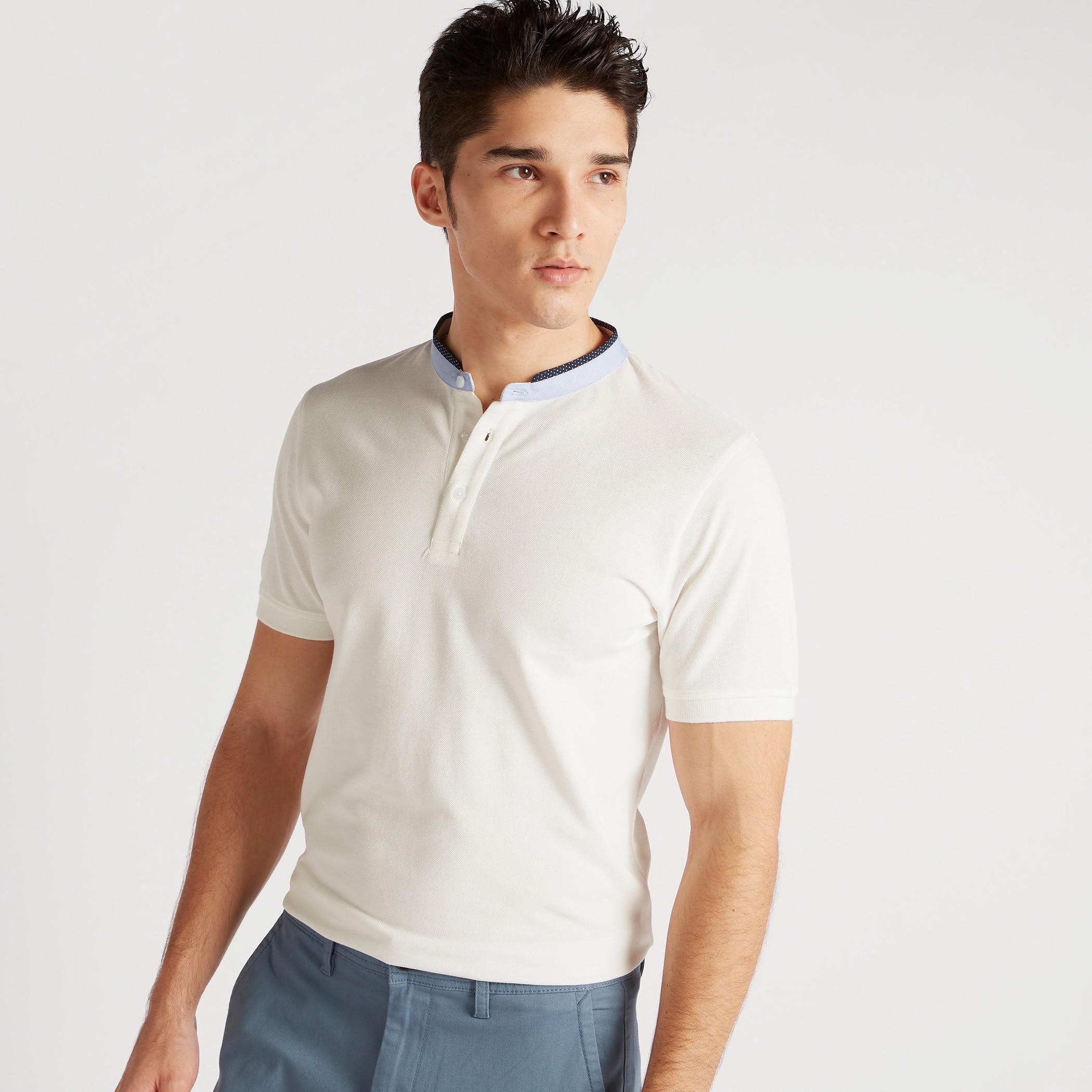 Solid Polo T-shirt with Mandarin Collar and Short Sleeves-men-clothing-tshirtsandpolos-polos-image-1