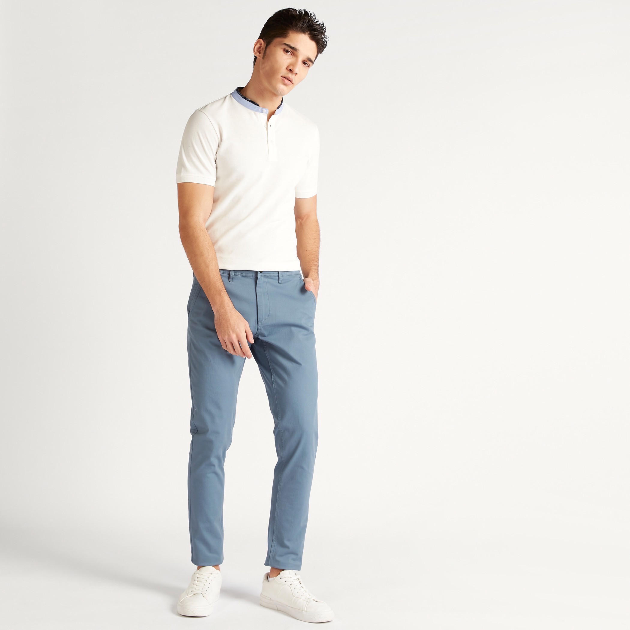 Solid Polo T-shirt with Mandarin Collar and Short Sleeves-men-clothing-tshirtsandpolos-polos-image-2