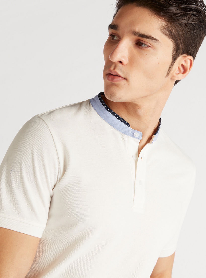 Solid Polo T-shirt with Mandarin Collar and Short Sleeves-men-clothing-tshirtsandpolos-polos-image-3