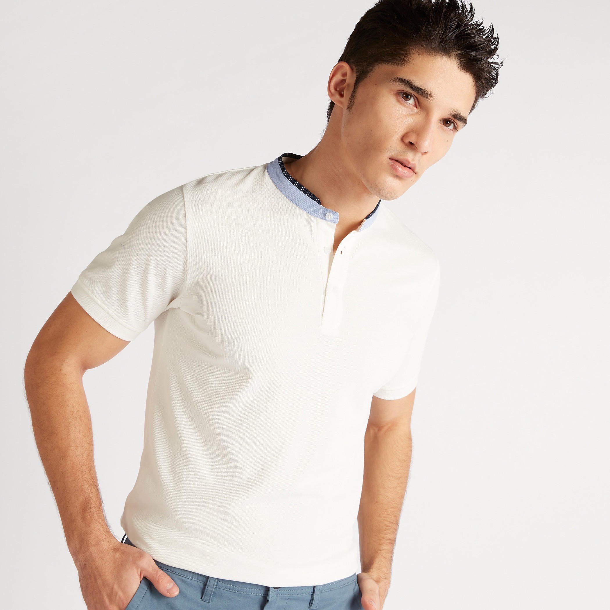 Solid Polo T-shirt with Mandarin Collar and Short Sleeves-men-clothing-tshirtsandpolos-polos-image-6
