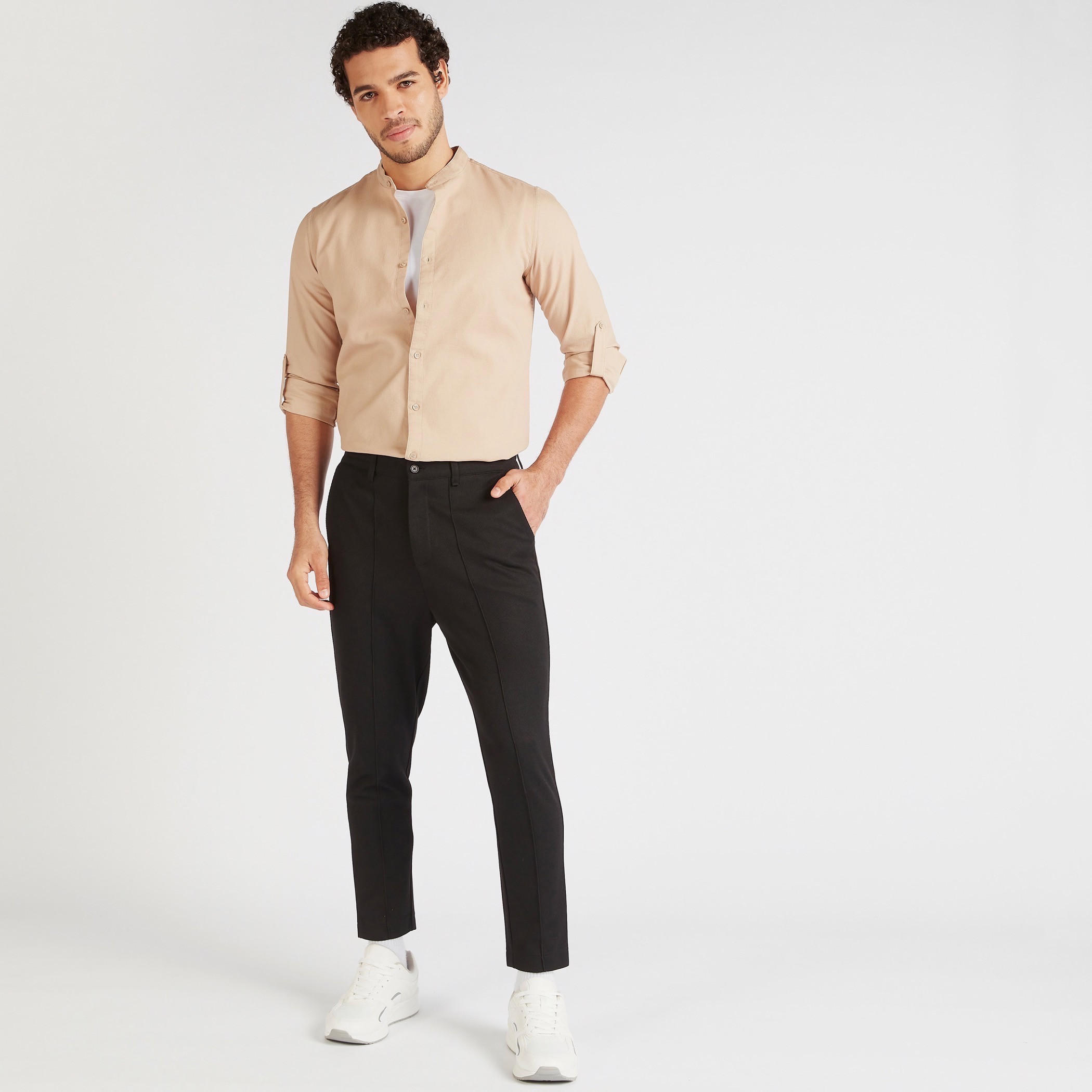 قميص بارز الملمس بقصّة سليم وياقة ماندارين وأكمام طويلة-men-clothing-shirts-image-2