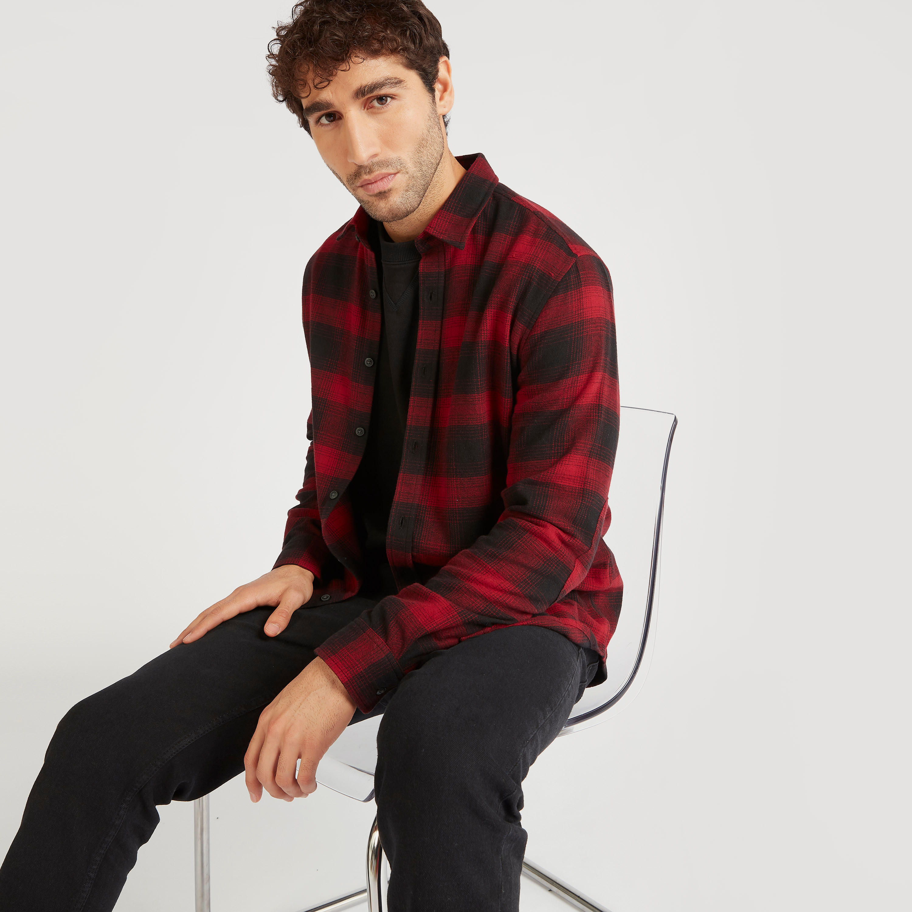Checked Shirt with Long Sleeves and Spread Collar-men-clothing-shirts-image-1