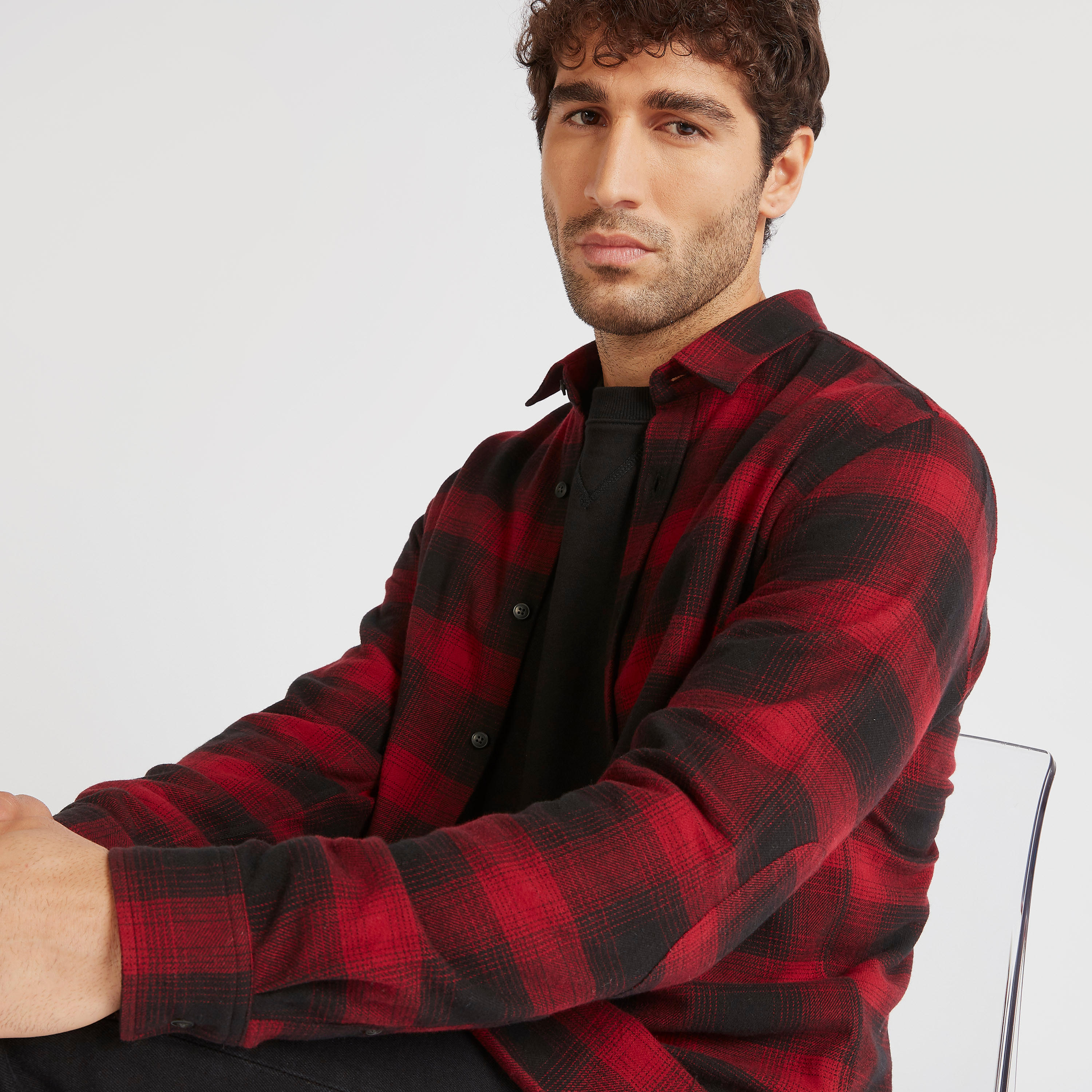 Checked Shirt with Long Sleeves and Spread Collar-men-clothing-shirts-image-4